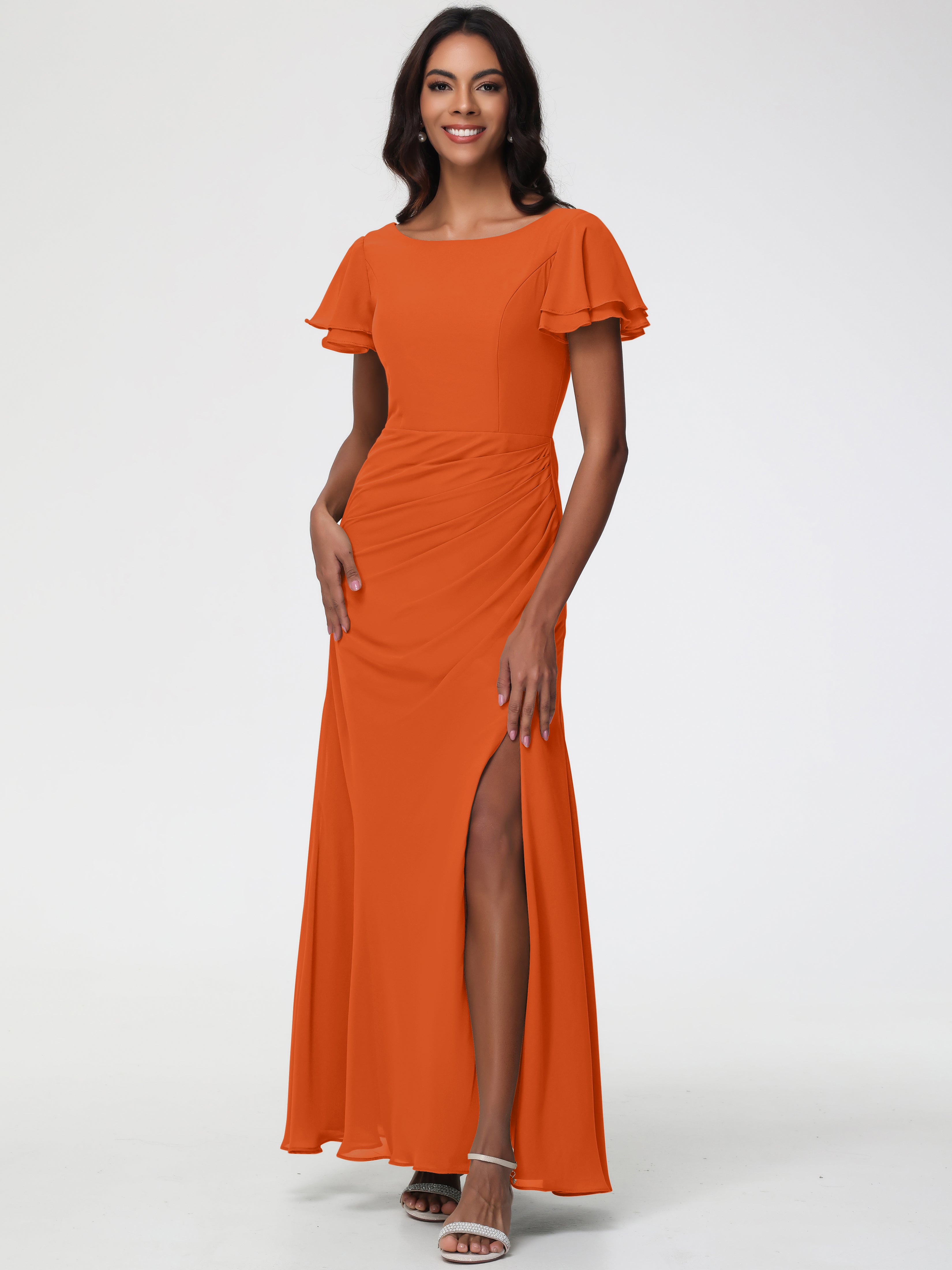 Robes de Demoiselle D'honneur Orange Brûlé Col Rond Manches à Volants Fourreau/Colonne Mousseline Robe Demoiselle d'Honneur
