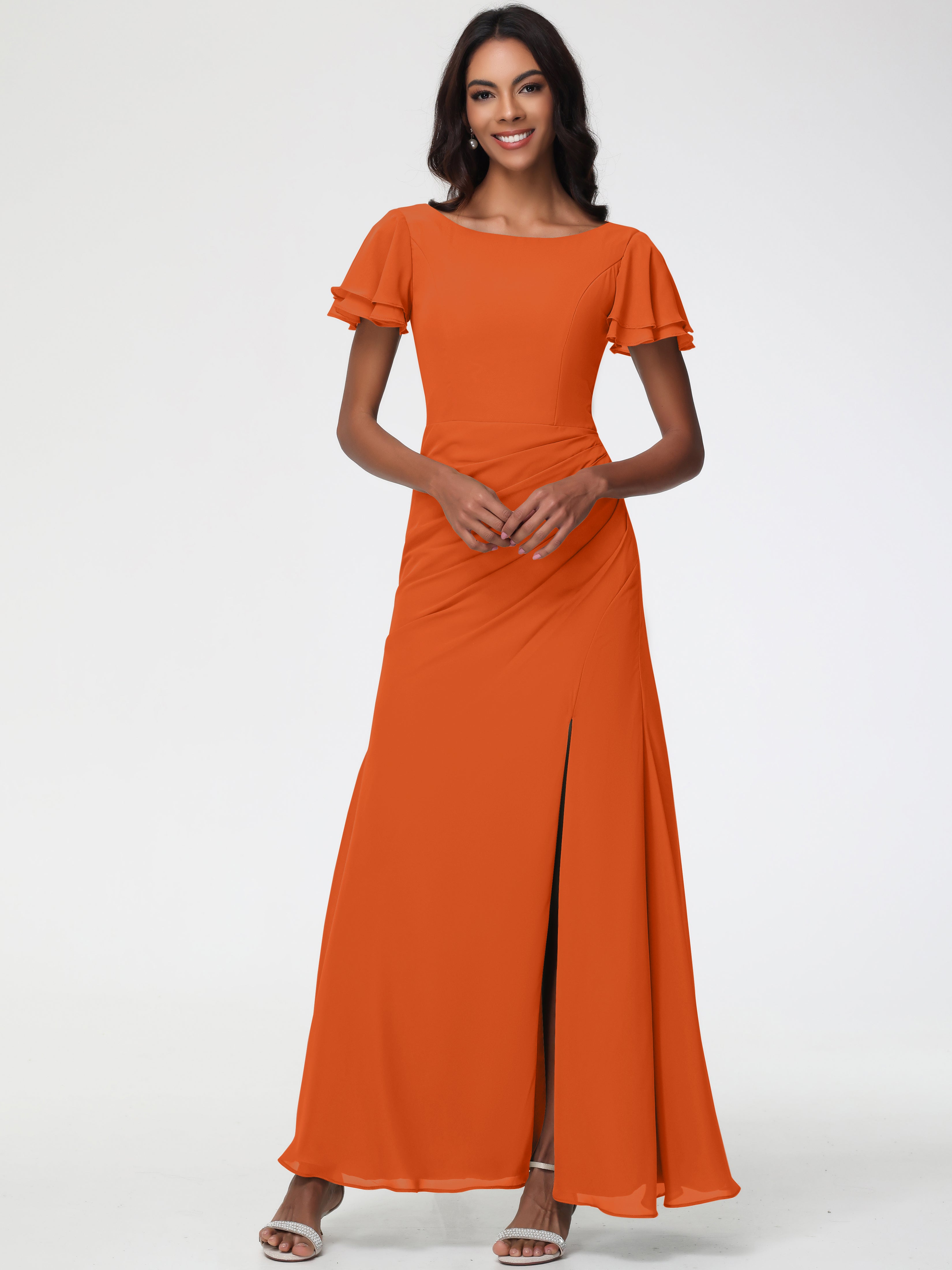 Robes de Demoiselle D'honneur Orange Brûlé Col Rond Manches à Volants Fourreau/Colonne Mousseline Robe Demoiselle d'Honneur