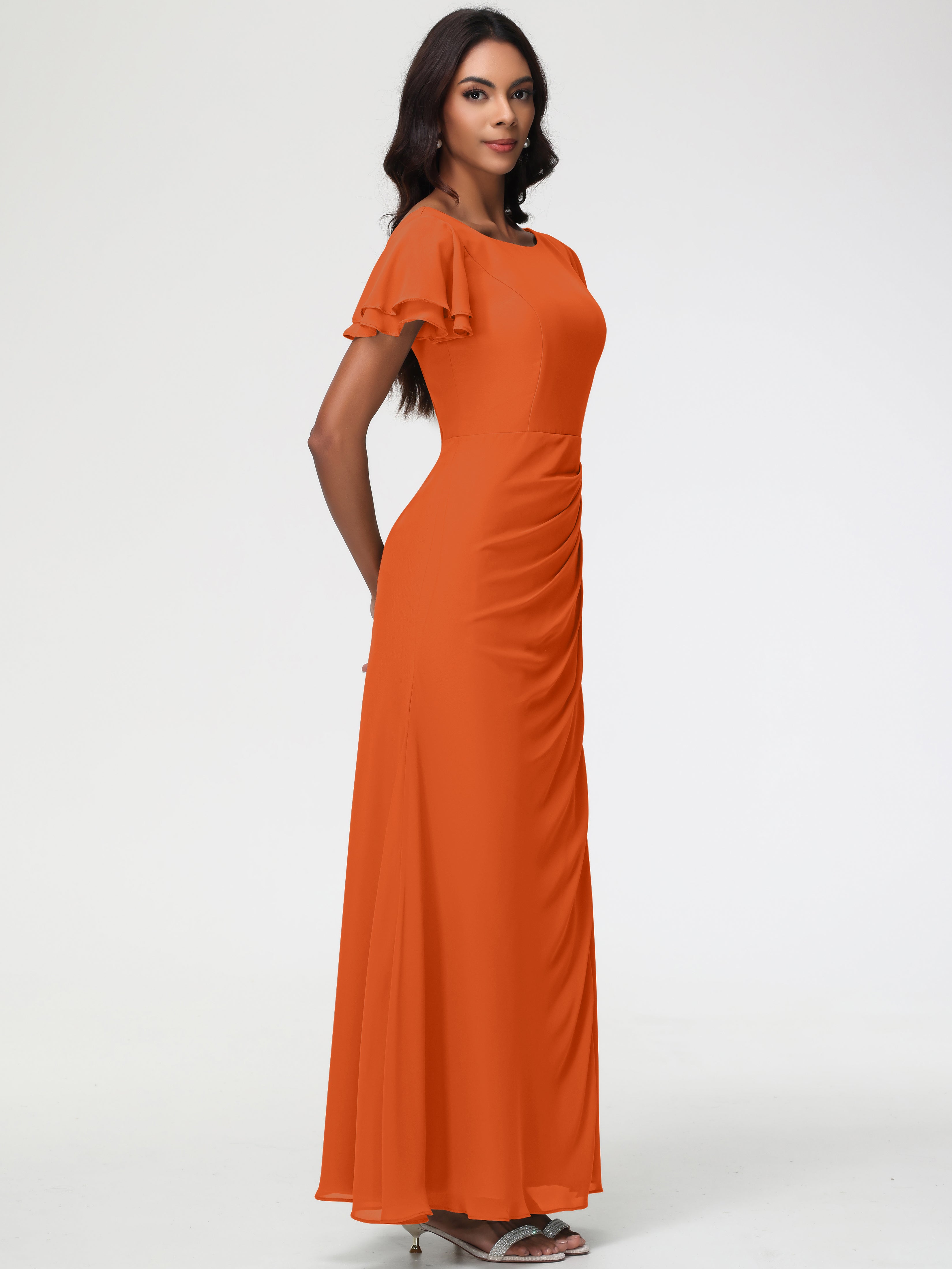 Robes de Demoiselle D'honneur Orange Brûlé Col Rond Manches à Volants Fourreau/Colonne Mousseline Robe Demoiselle d'Honneur