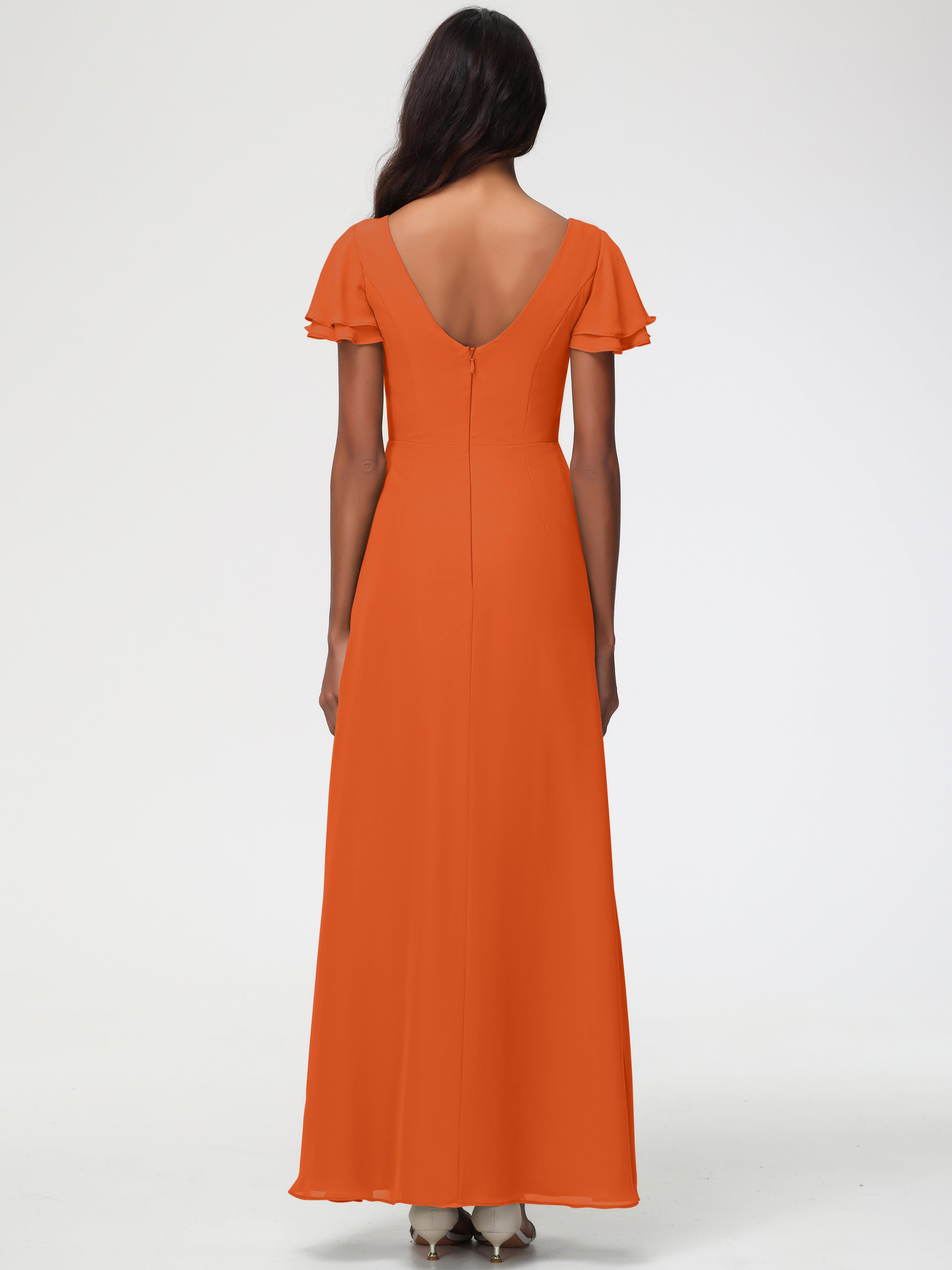 Robes de Demoiselle D'honneur Orange Brûlé Col Rond Manches à Volants Fourreau/Colonne Mousseline Robe Demoiselle d'Honneur