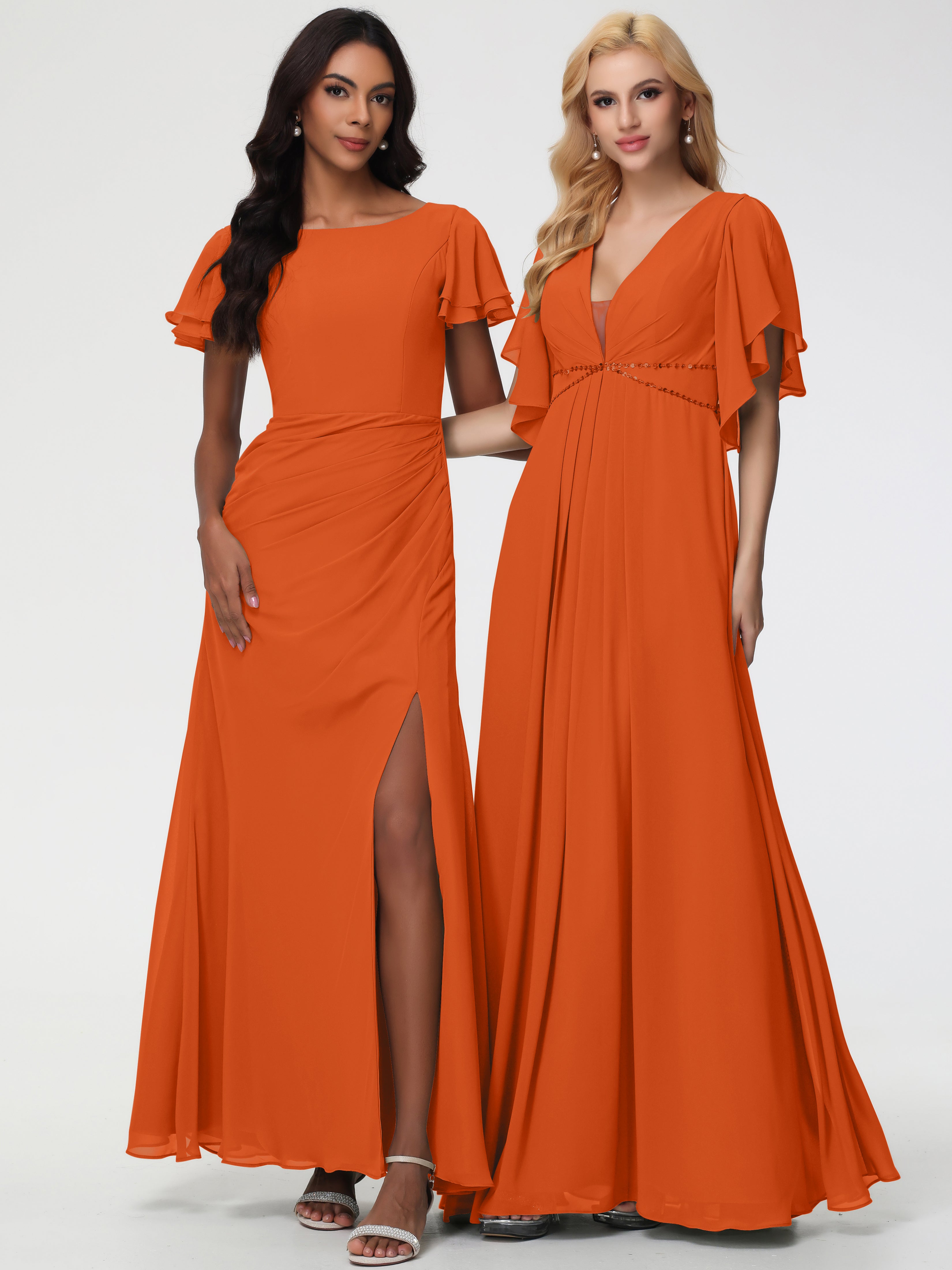 Robes de Demoiselle D'honneur Orange Brûlé Col Rond Manches à Volants Fourreau/Colonne Mousseline Robe Demoiselle d'Honneur