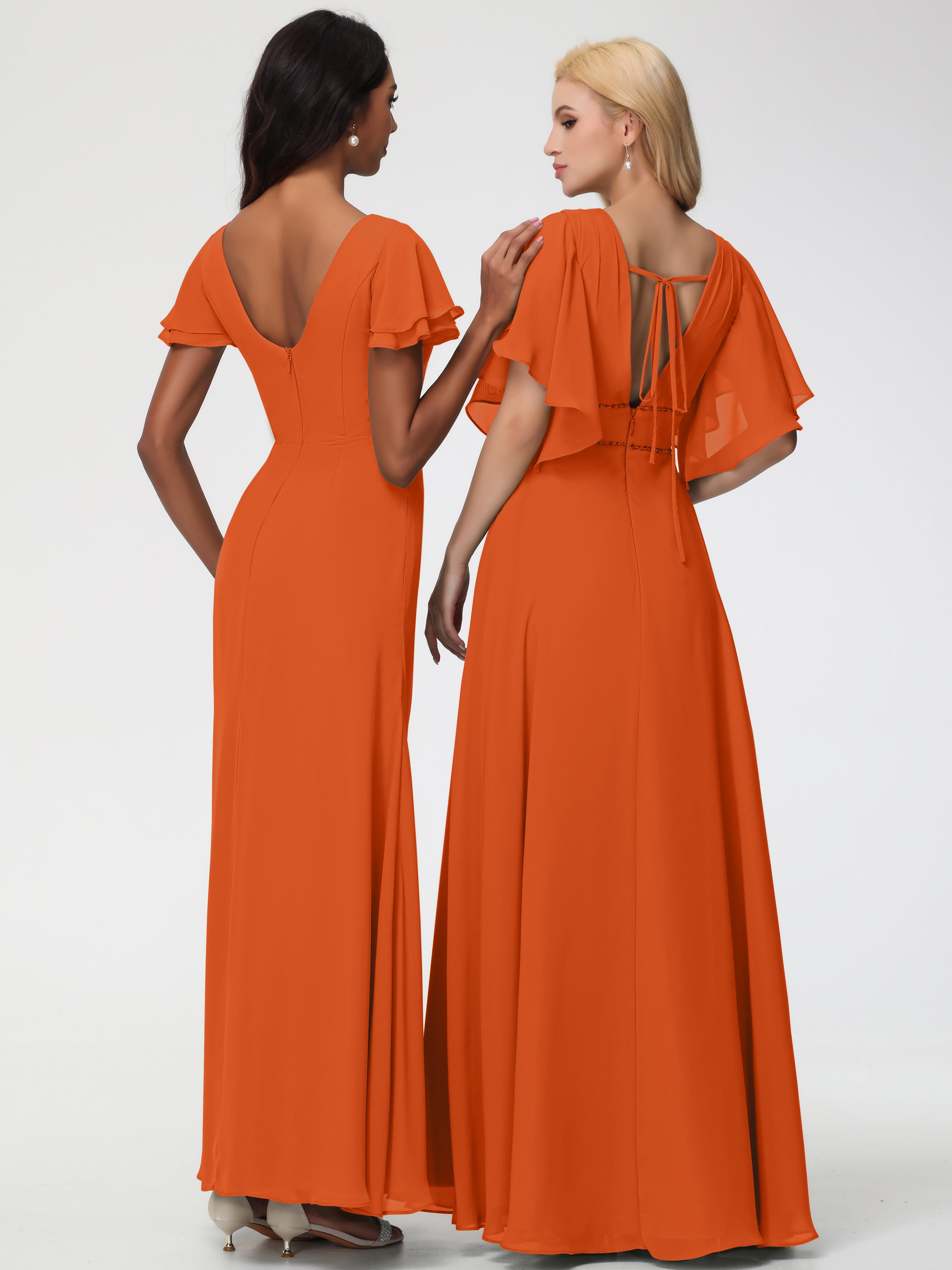 Robes de Demoiselle D'honneur Orange Brûlé Col Rond Manches à Volants Fourreau/Colonne Mousseline Robe Demoiselle d'Honneur