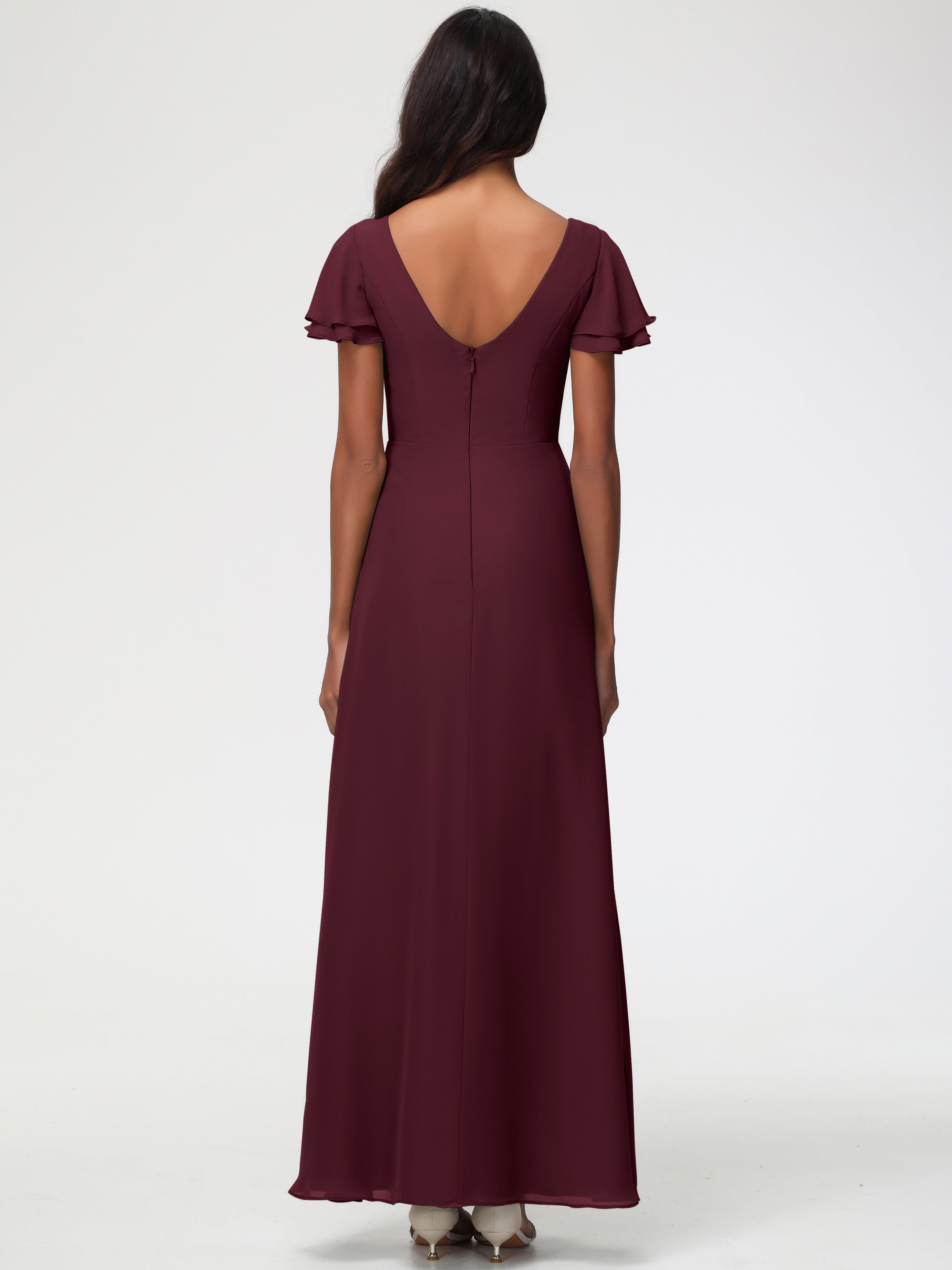 Robes De Demoiselle D'honneur Cabernet Col Rond Manches à Volants Fourreau/Colonne Mousseline Robe Demoiselle d'Honneur