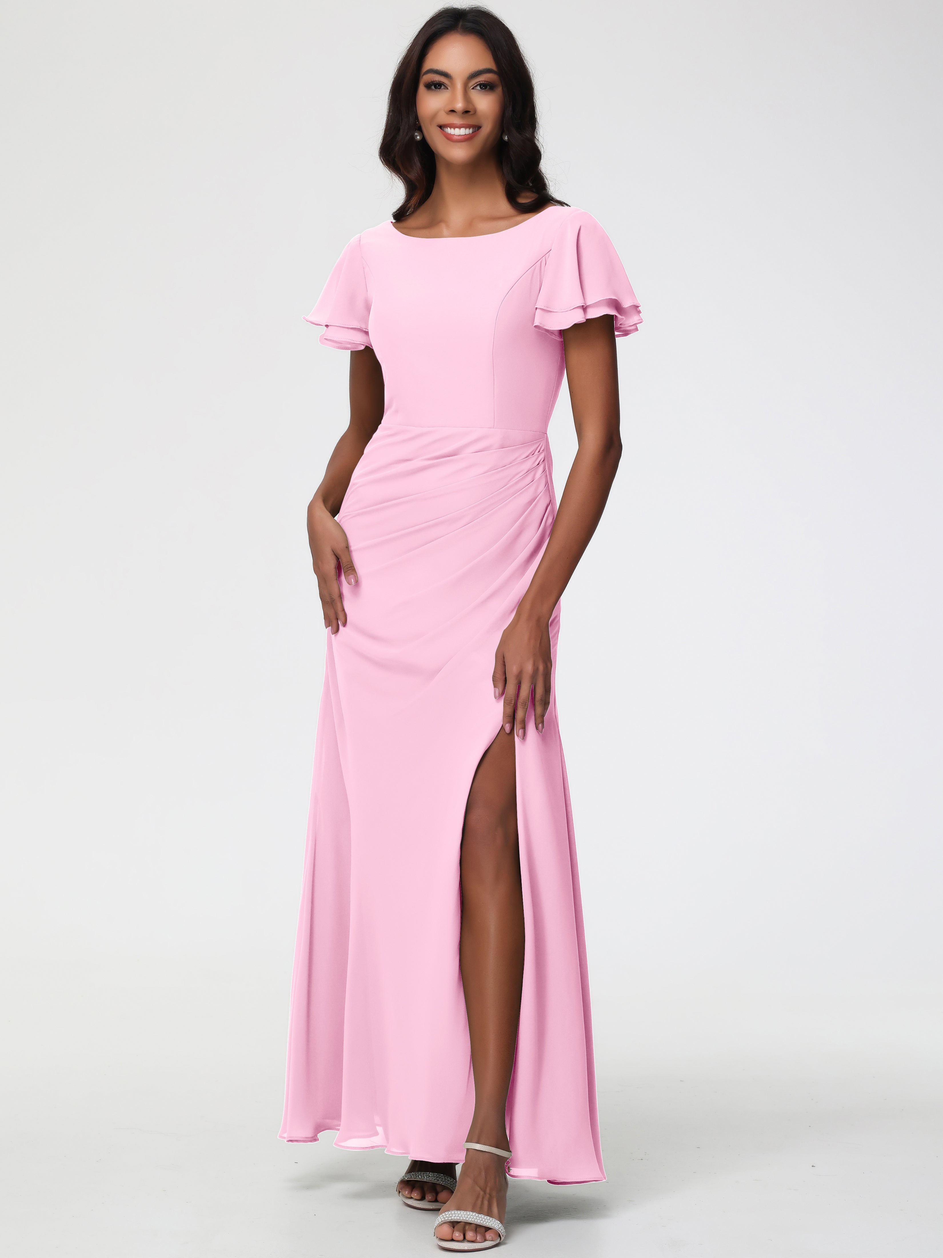 Robes de Demoiselle D'honneur Rose Bonbon Col Rond Manches à Volants Fourreau/Colonne Mousseline Robe Demoiselle d'Honneur