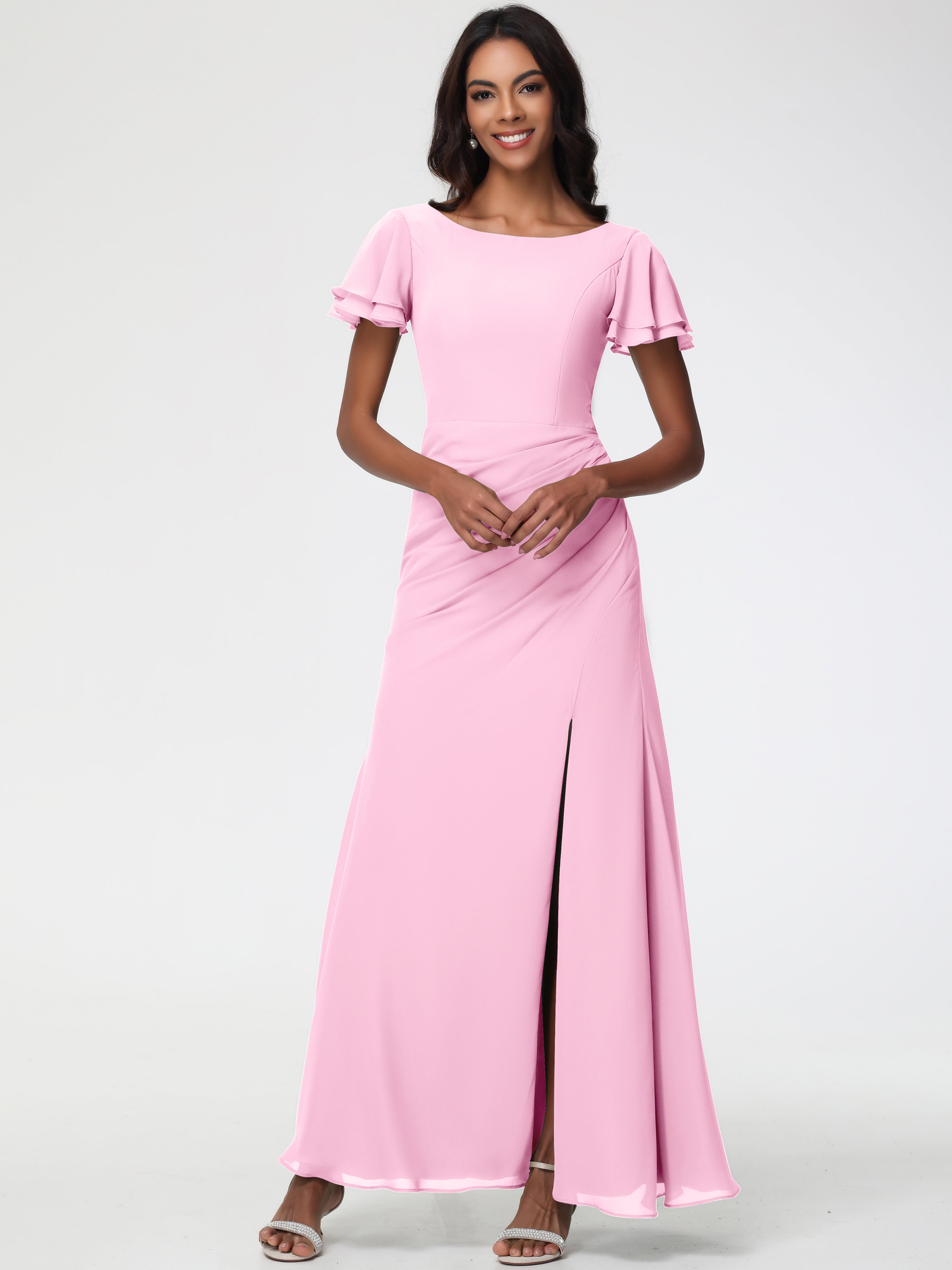 Robes de Demoiselle D'honneur Rose Bonbon Col Rond Manches à Volants Fourreau/Colonne Mousseline Robe Demoiselle d'Honneur