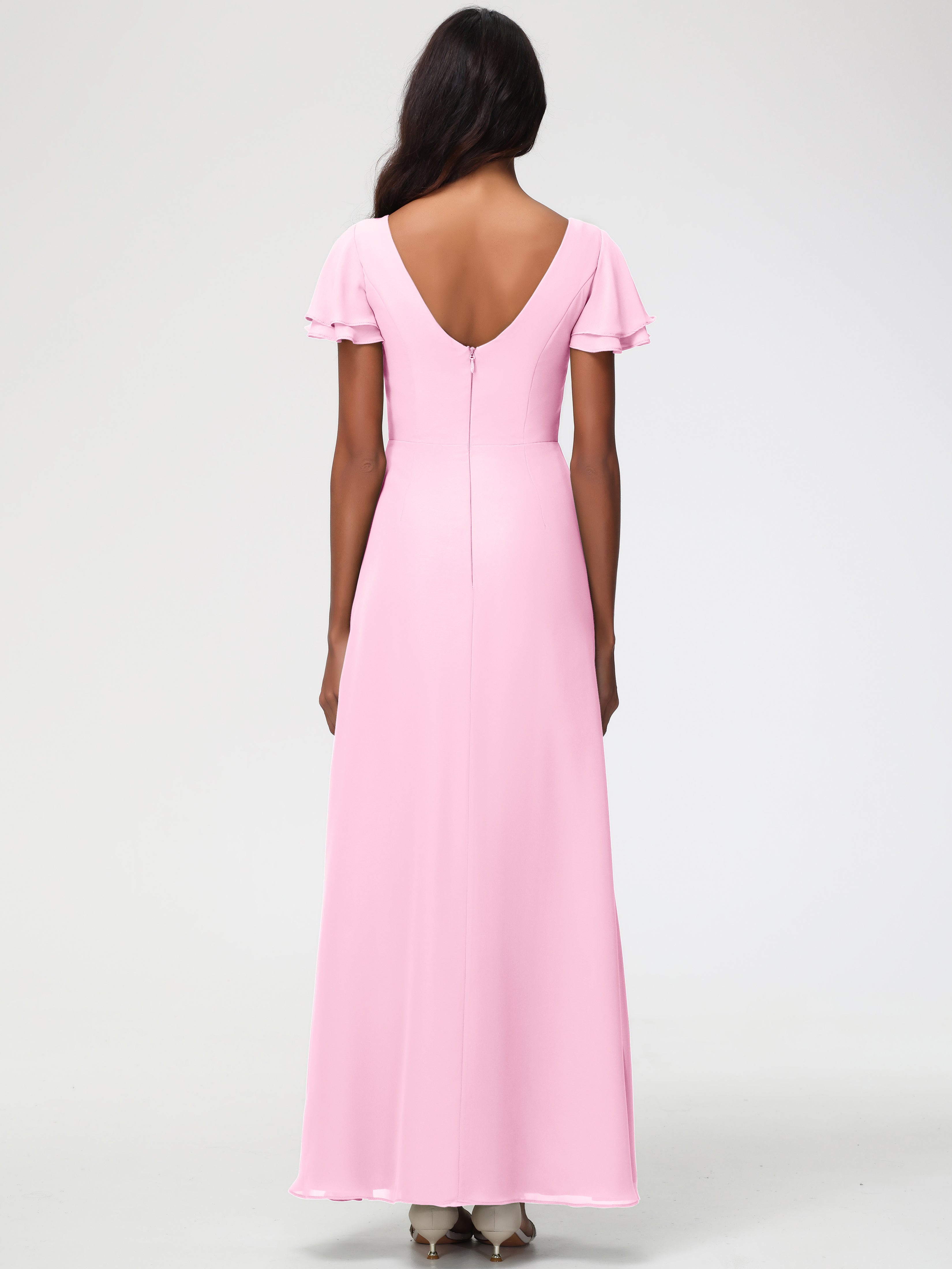 Robes de Demoiselle D'honneur Rose Bonbon Col Rond Manches à Volants Fourreau/Colonne Mousseline Robe Demoiselle d'Honneur