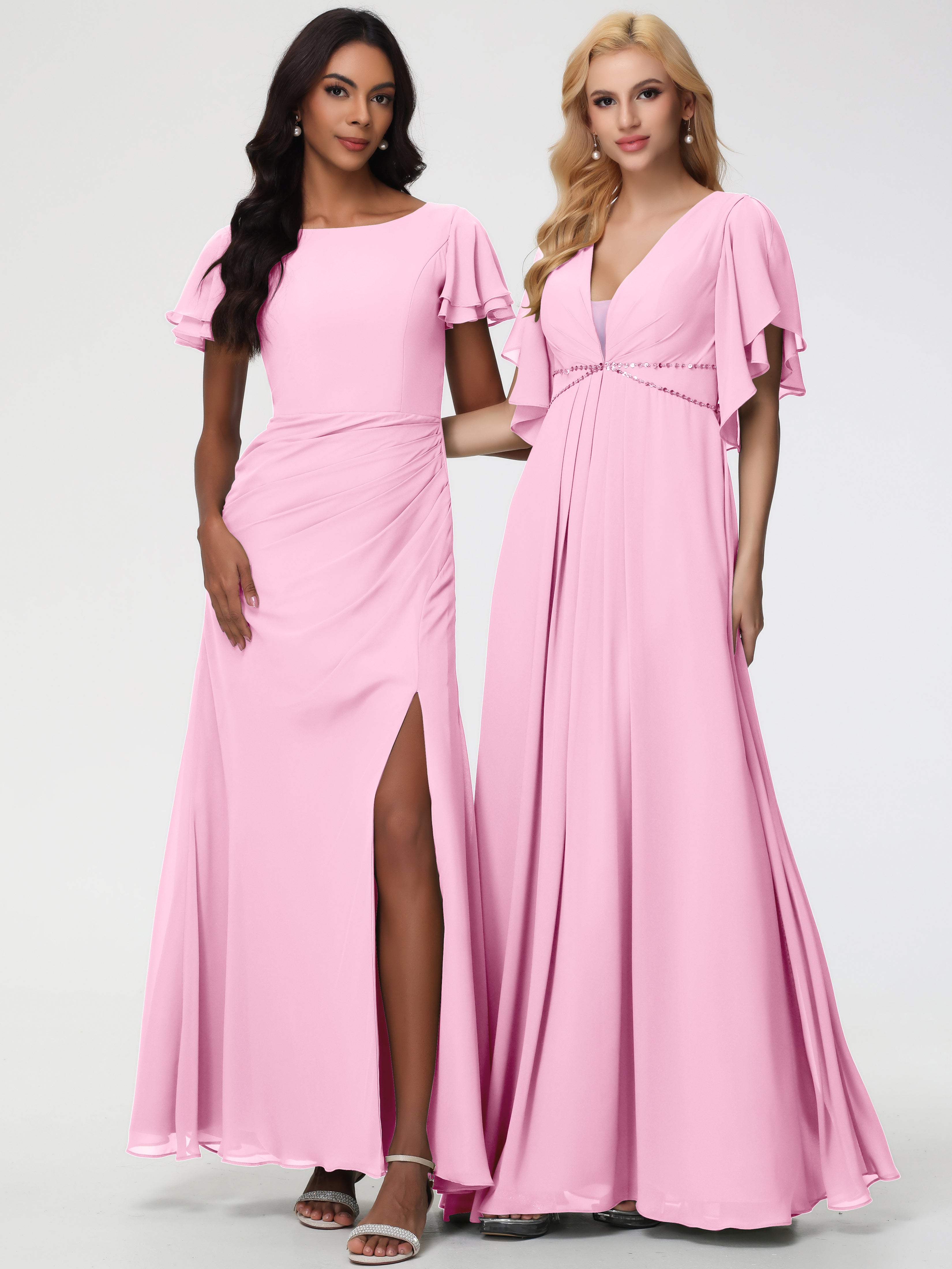 Robes de Demoiselle D'honneur Rose Bonbon Col Rond Manches à Volants Fourreau/Colonne Mousseline Robe Demoiselle d'Honneur