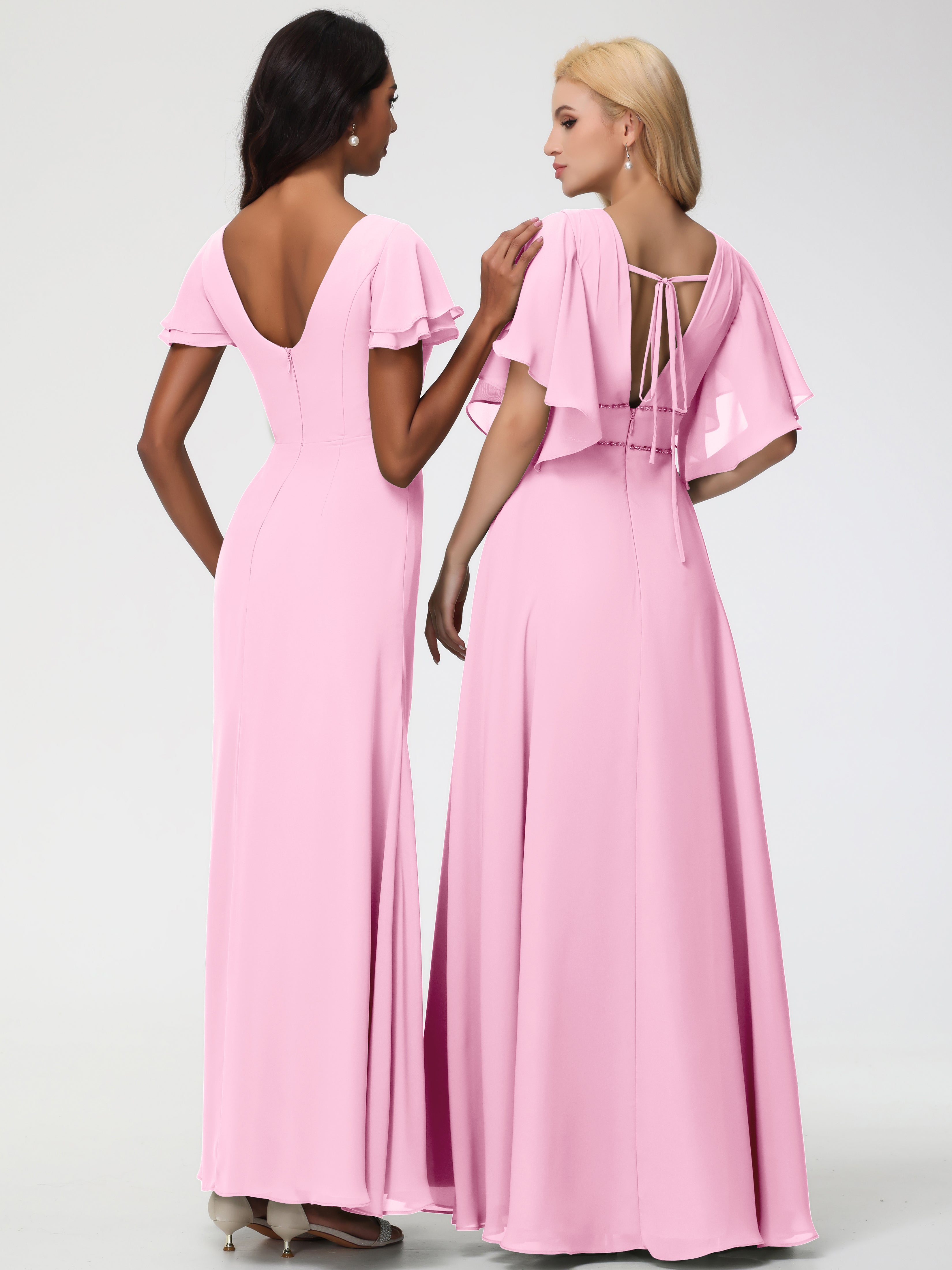 Robes de Demoiselle D'honneur Rose Bonbon Col Rond Manches à Volants Fourreau/Colonne Mousseline Robe Demoiselle d'Honneur