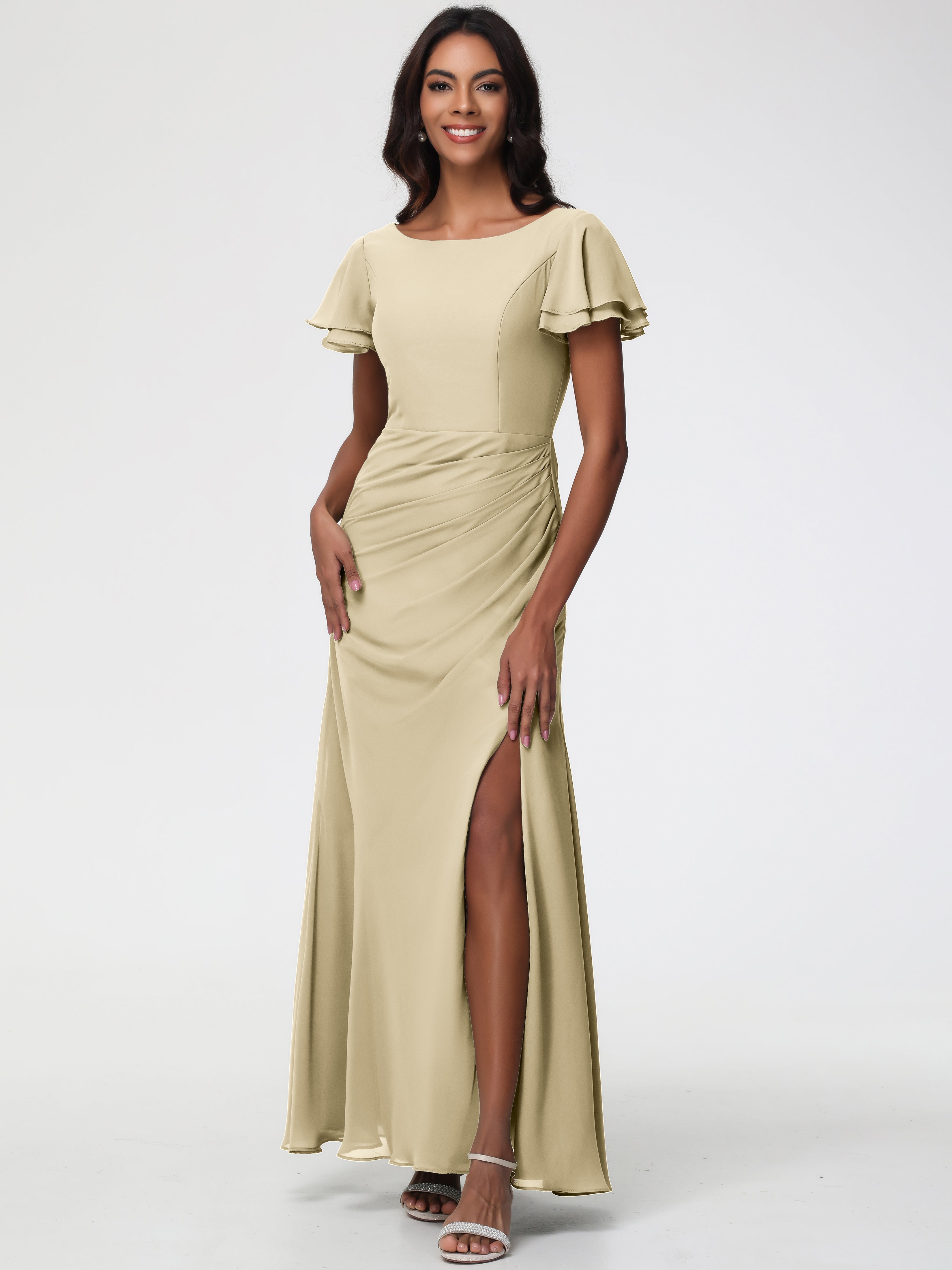 Robe Champagne Demoiselle D Honneur Col Rond Manches à Volants Fourreau/Colonne Mousseline Robe Demoiselle d'Honneur