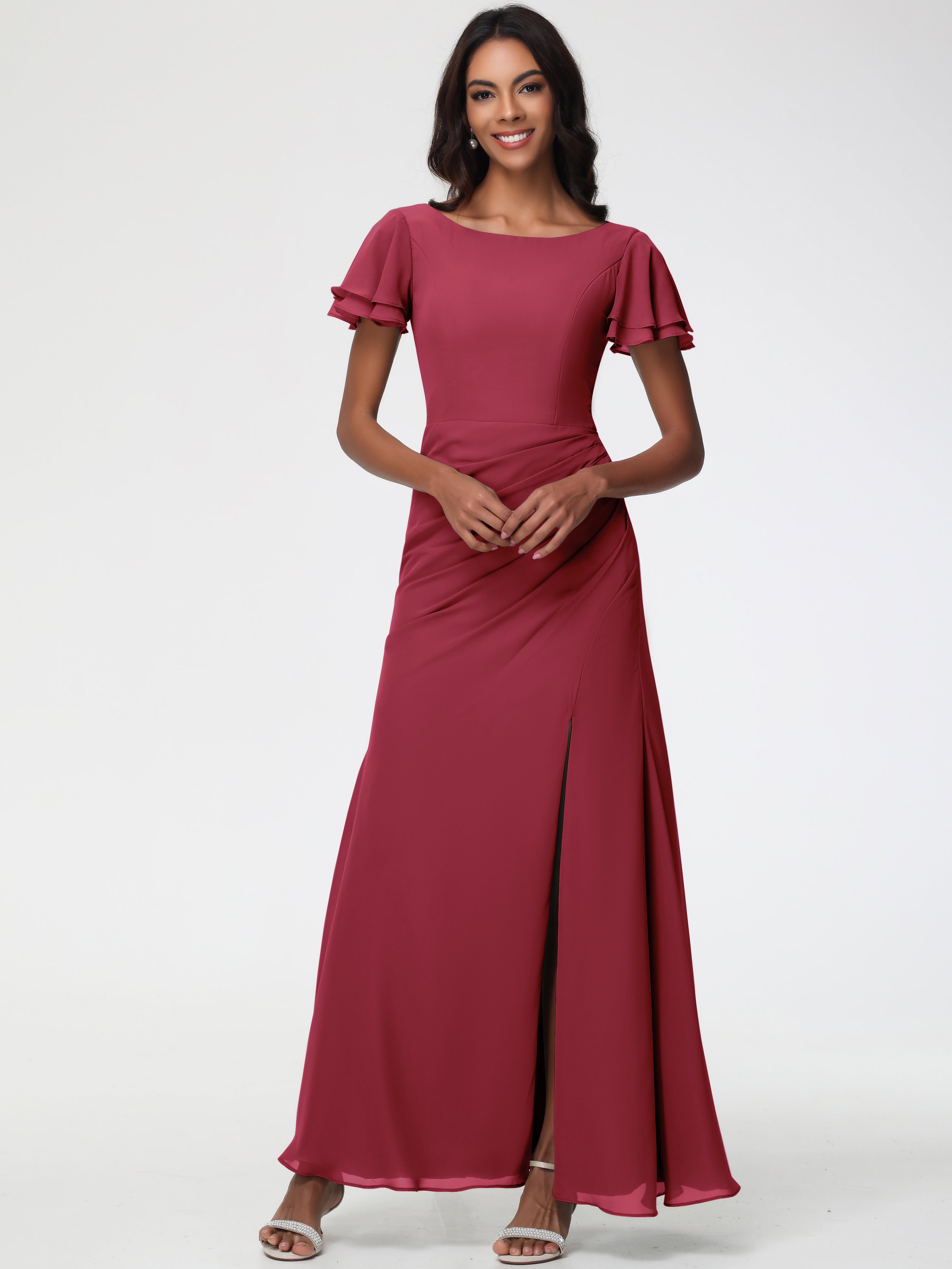 Robes de Demoiselle D'honneur Rose Cannelle Col Rond Manches à Volants Fourreau/Colonne Mousseline Robe Demoiselle d'Honneur