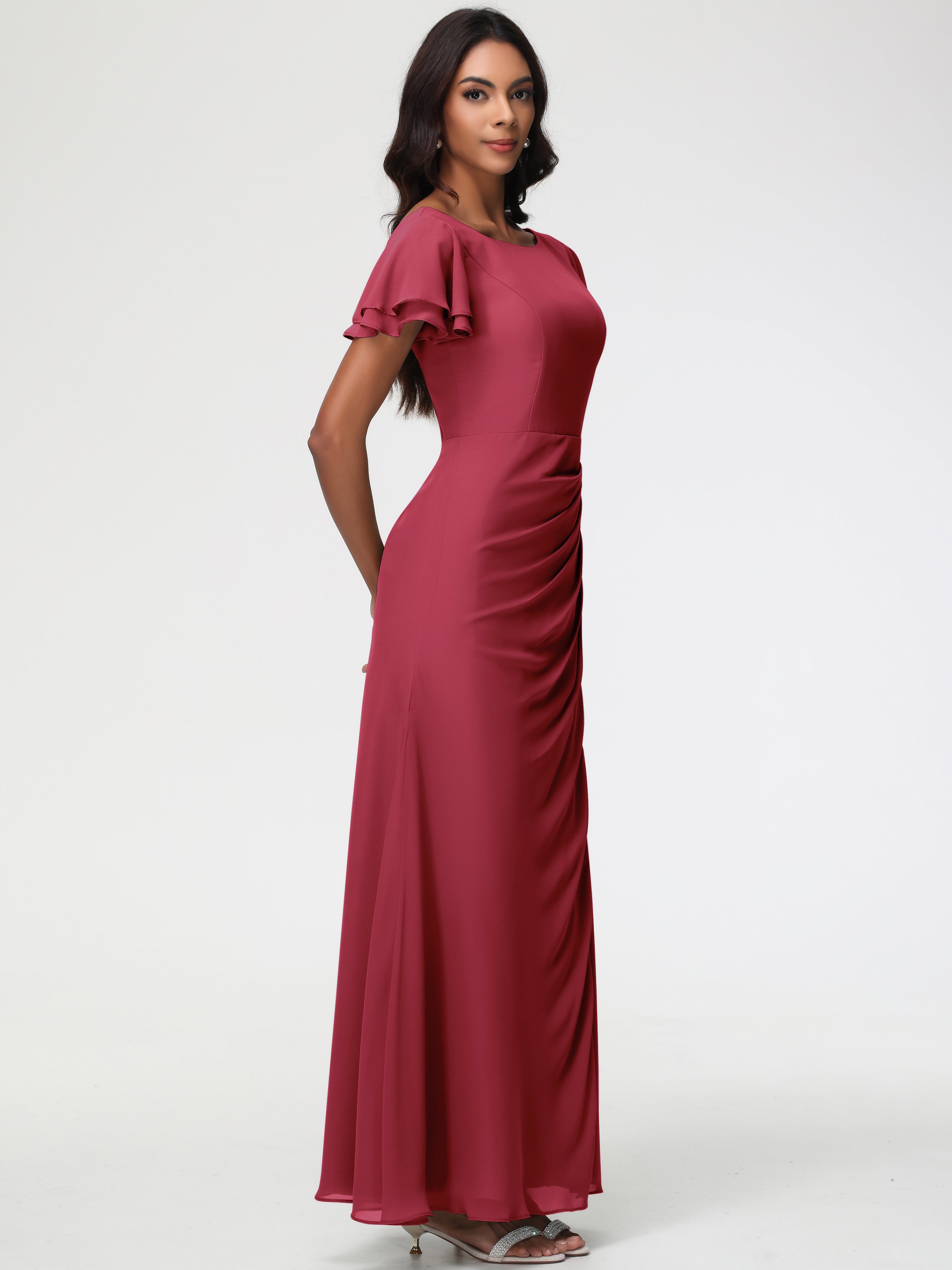 Robes de Demoiselle D'honneur Rose Cannelle Col Rond Manches à Volants Fourreau/Colonne Mousseline Robe Demoiselle d'Honneur