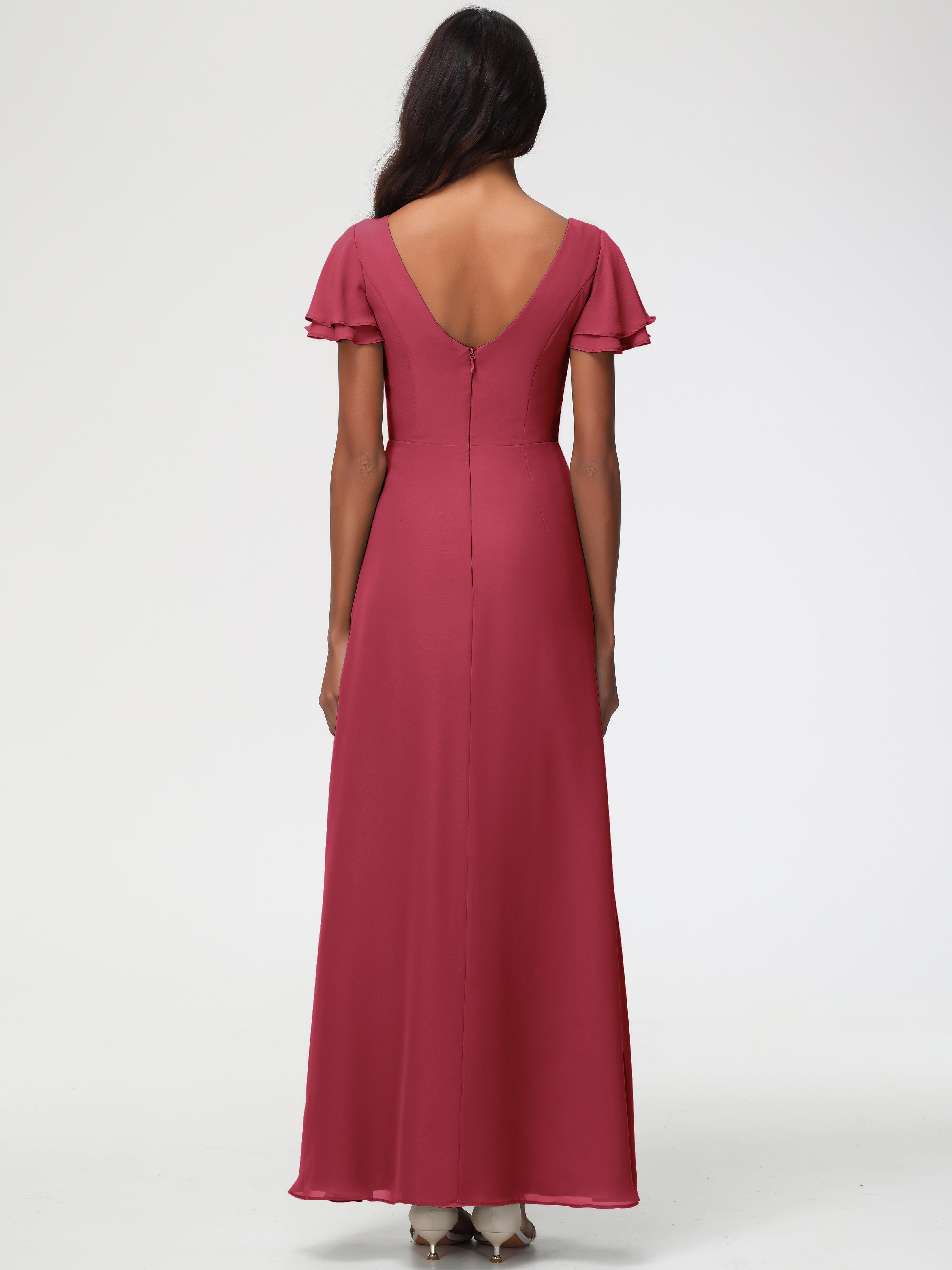 Robes de Demoiselle D'honneur Rose Cannelle Col Rond Manches à Volants Fourreau/Colonne Mousseline Robe Demoiselle d'Honneur