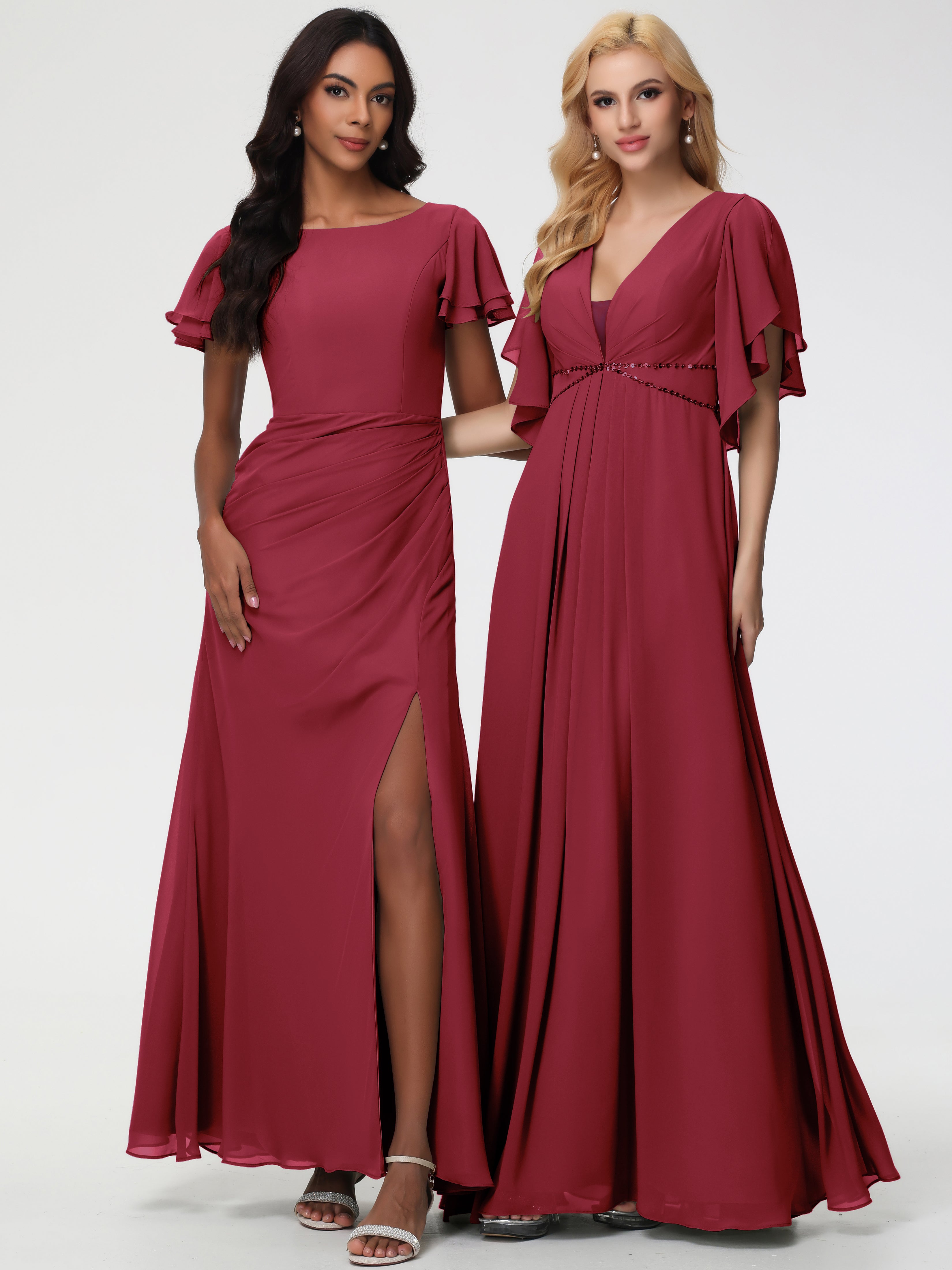 Robes de Demoiselle D'honneur Rose Cannelle Col Rond Manches à Volants Fourreau/Colonne Mousseline Robe Demoiselle d'Honneur