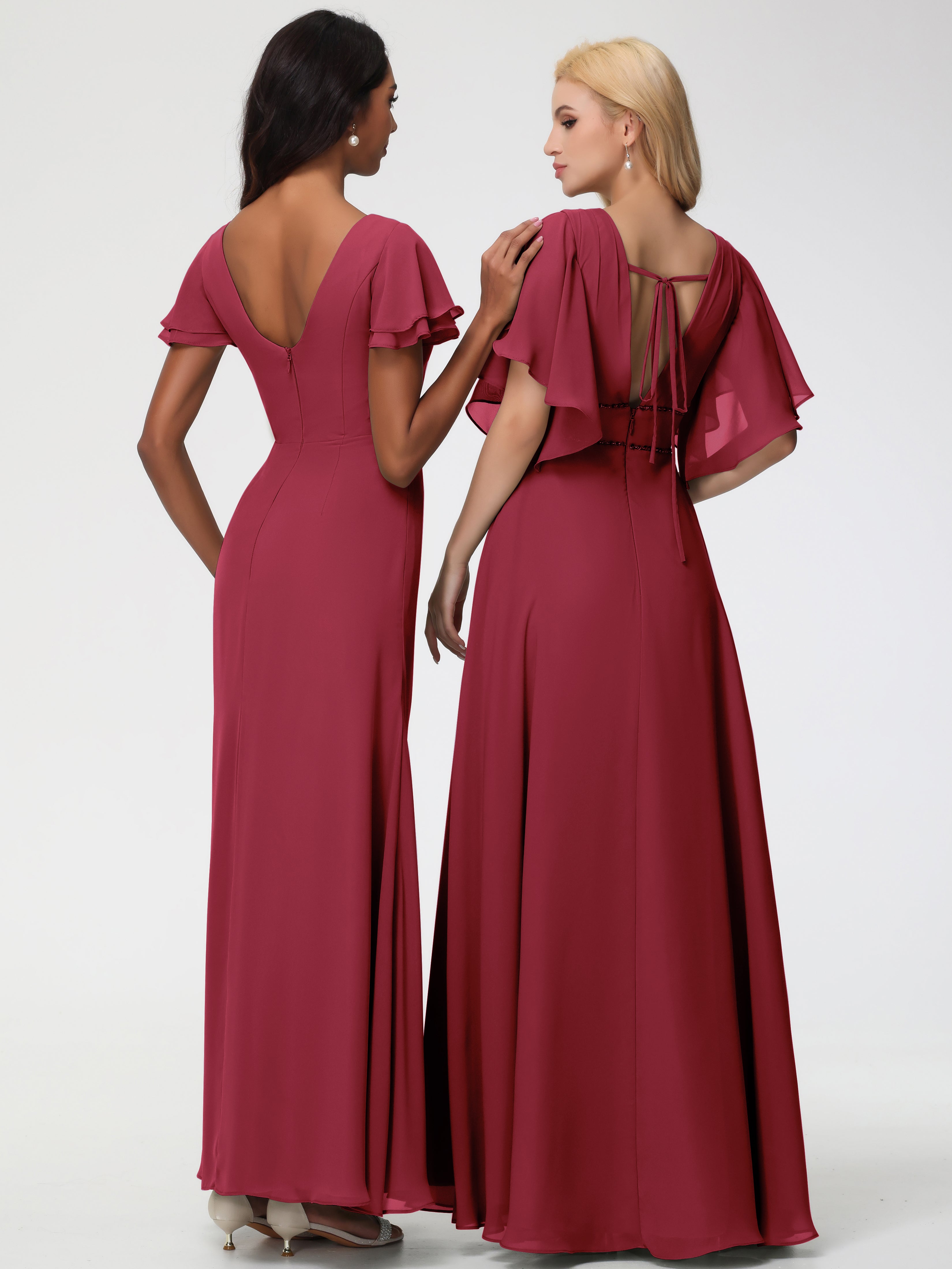 Robes de Demoiselle D'honneur Rose Cannelle Col Rond Manches à Volants Fourreau/Colonne Mousseline Robe Demoiselle d'Honneur
