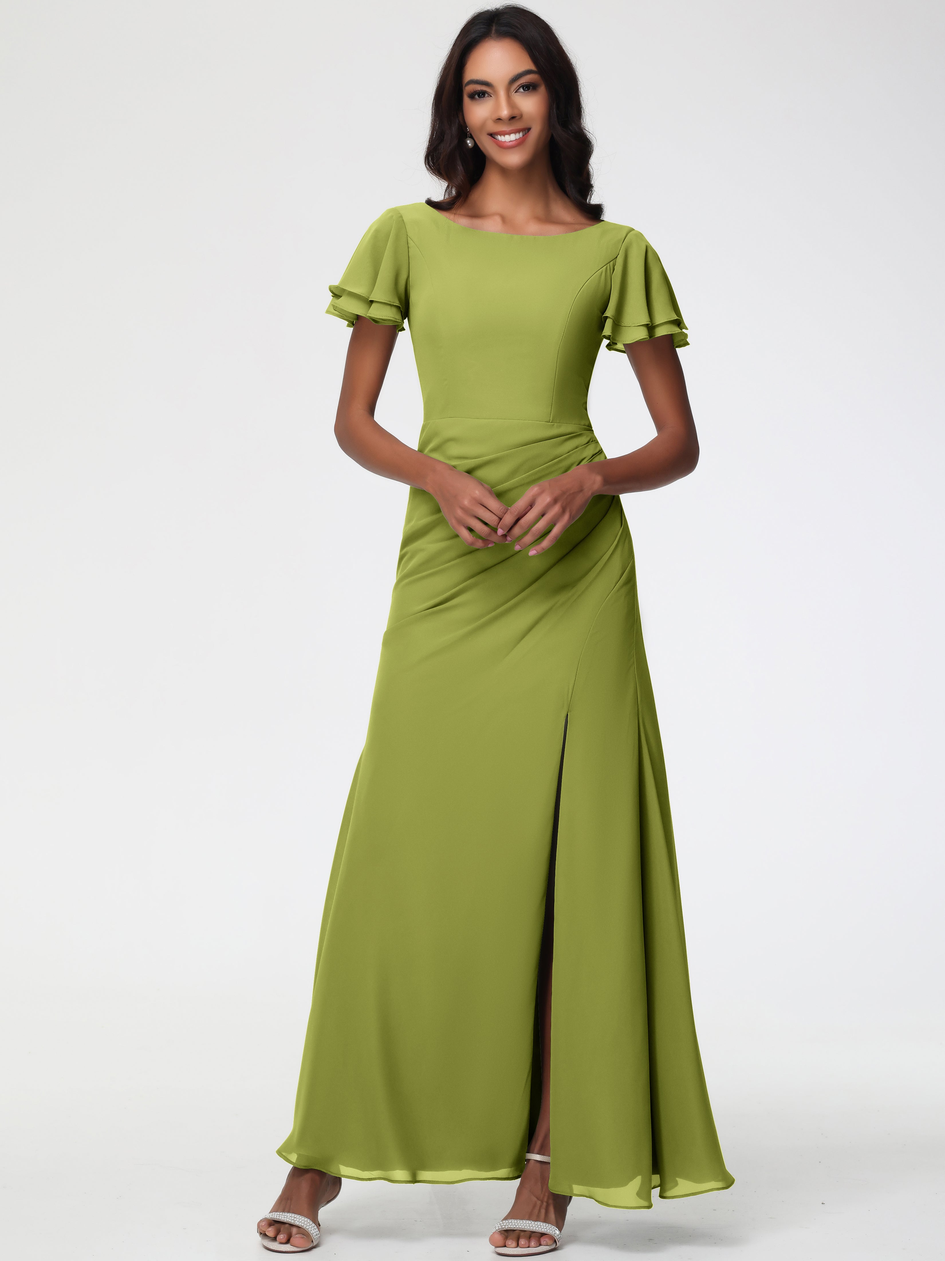 Robes de Demoiselle D'honneur Trèfle Col Rond Manches à Volants Fourreau/Colonne Mousseline Robe Demoiselle d'Honneur