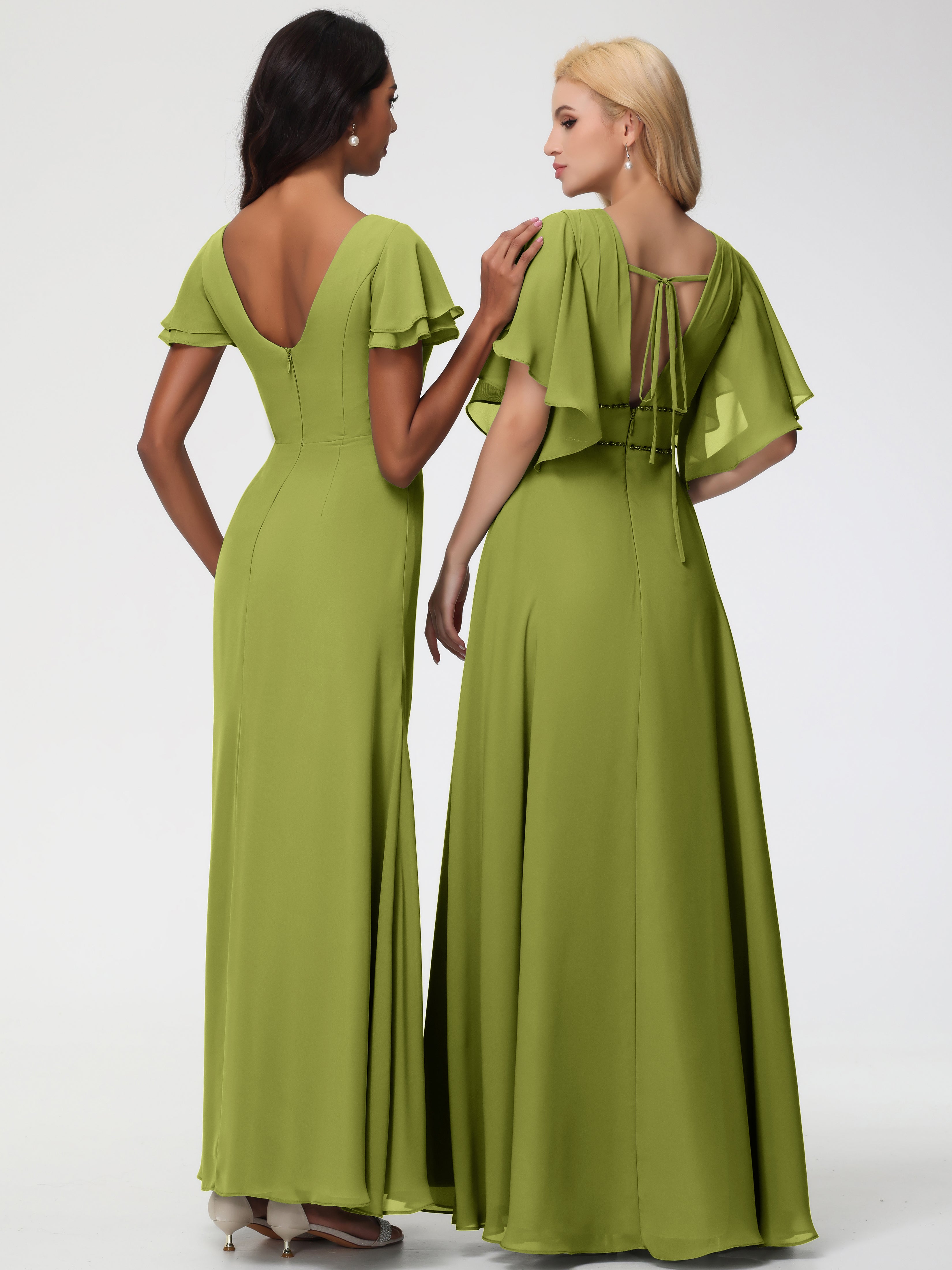 Robes de Demoiselle D'honneur Trèfle Col Rond Manches à Volants Fourreau/Colonne Mousseline Robe Demoiselle d'Honneur