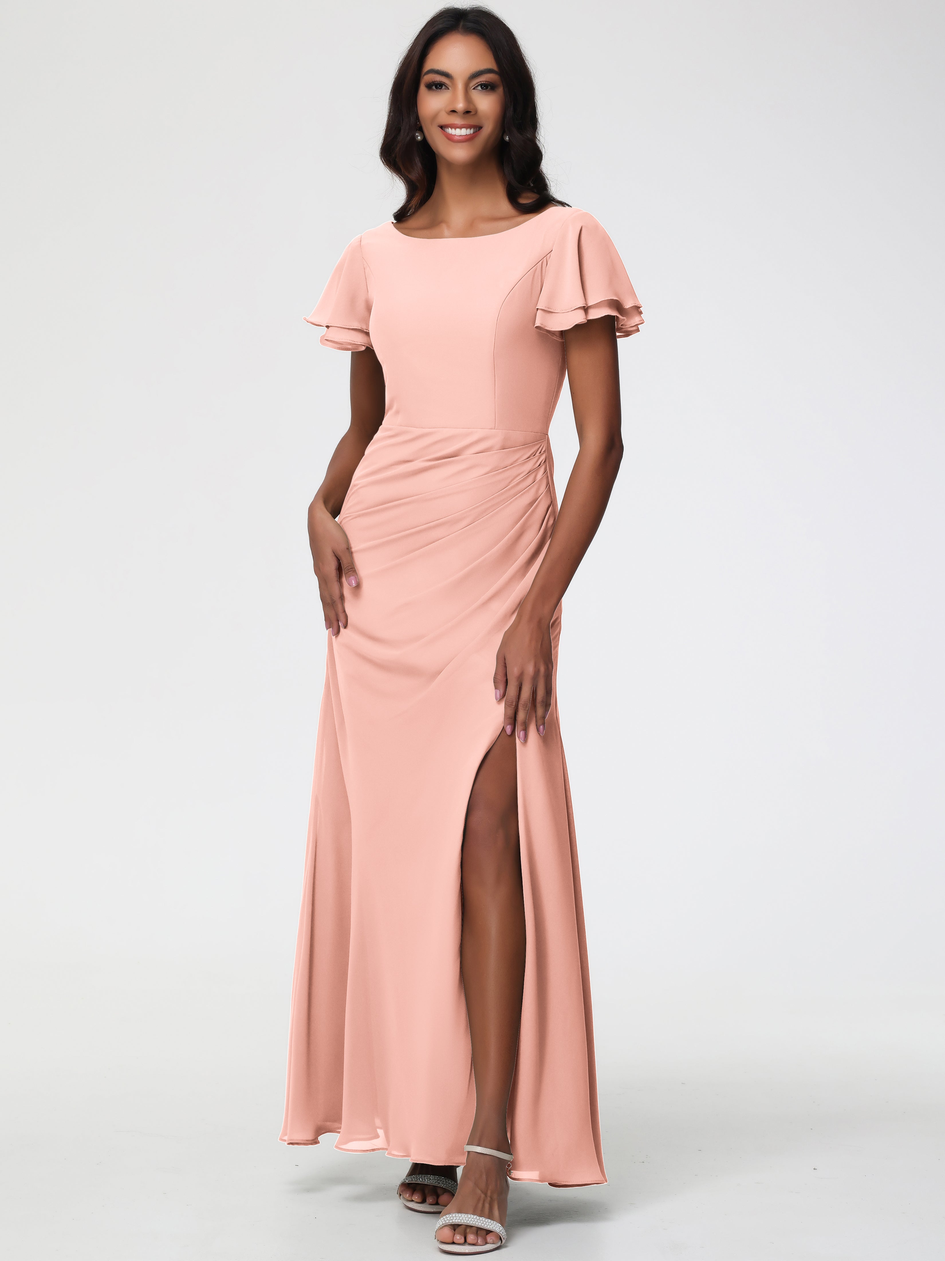 Robe Corail Demoiselle D Honneur Col Rond Manches à Volants Fourreau/Colonne Mousseline Robe Demoiselle d'Honneur