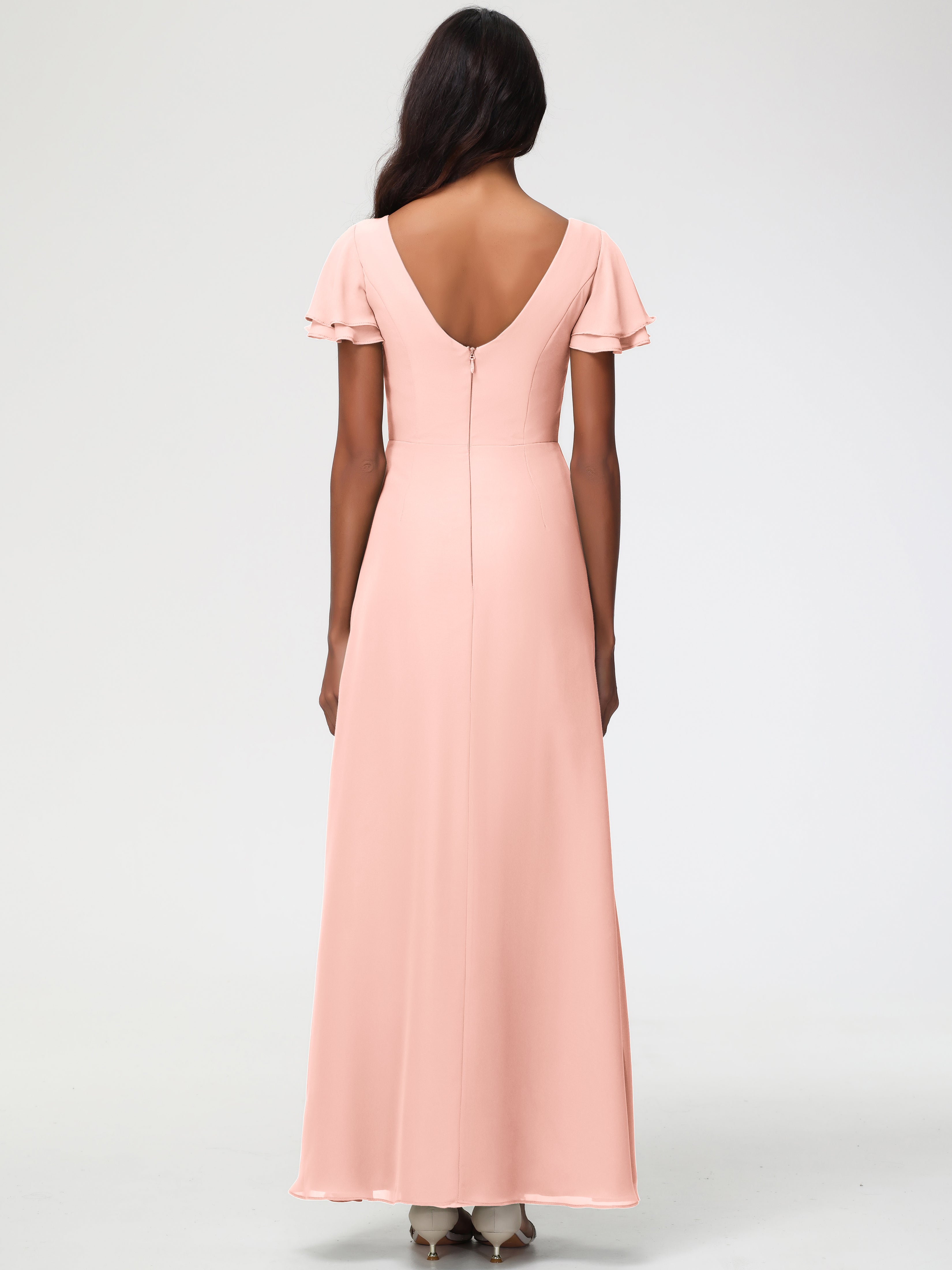 Robe Corail Demoiselle D Honneur Col Rond Manches à Volants Fourreau/Colonne Mousseline Robe Demoiselle d'Honneur