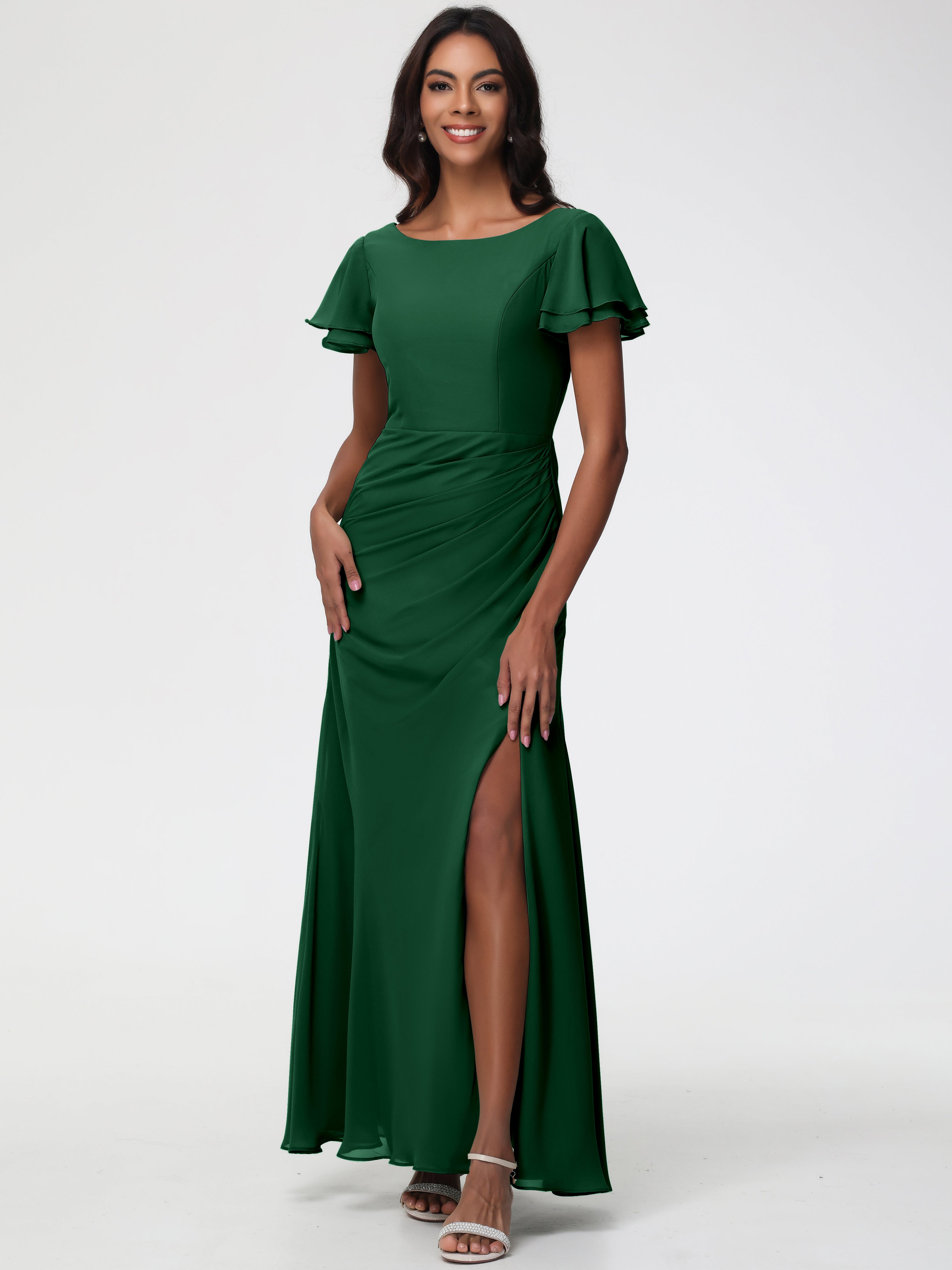 Robe Demoiselle D Honneur Vert Fonce Col Rond Manches à Volants Fourreau/Colonne Mousseline Robe Demoiselle d'Honneur