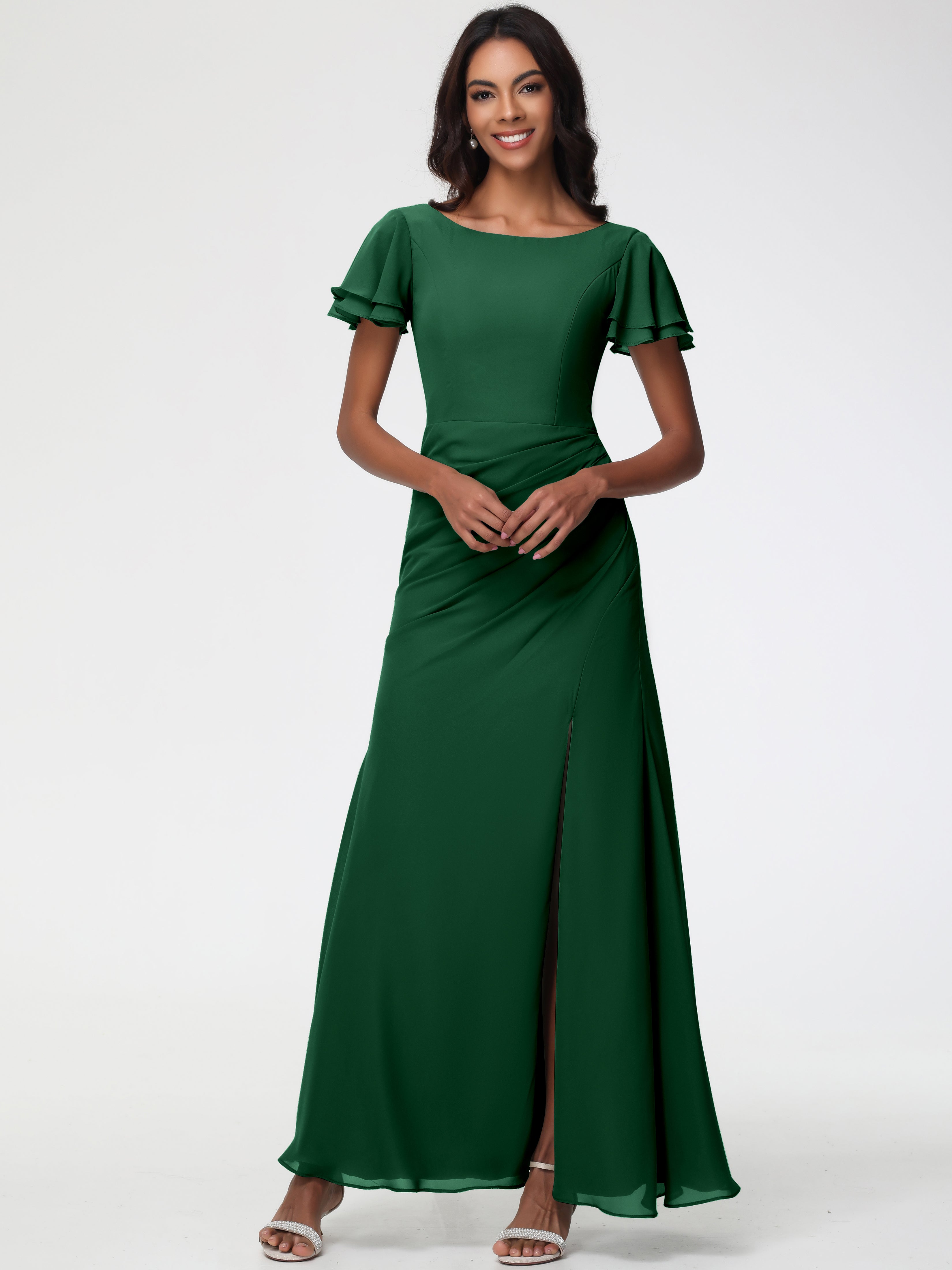 Robe Demoiselle D Honneur Vert Fonce Col Rond Manches à Volants Fourreau/Colonne Mousseline Robe Demoiselle d'Honneur