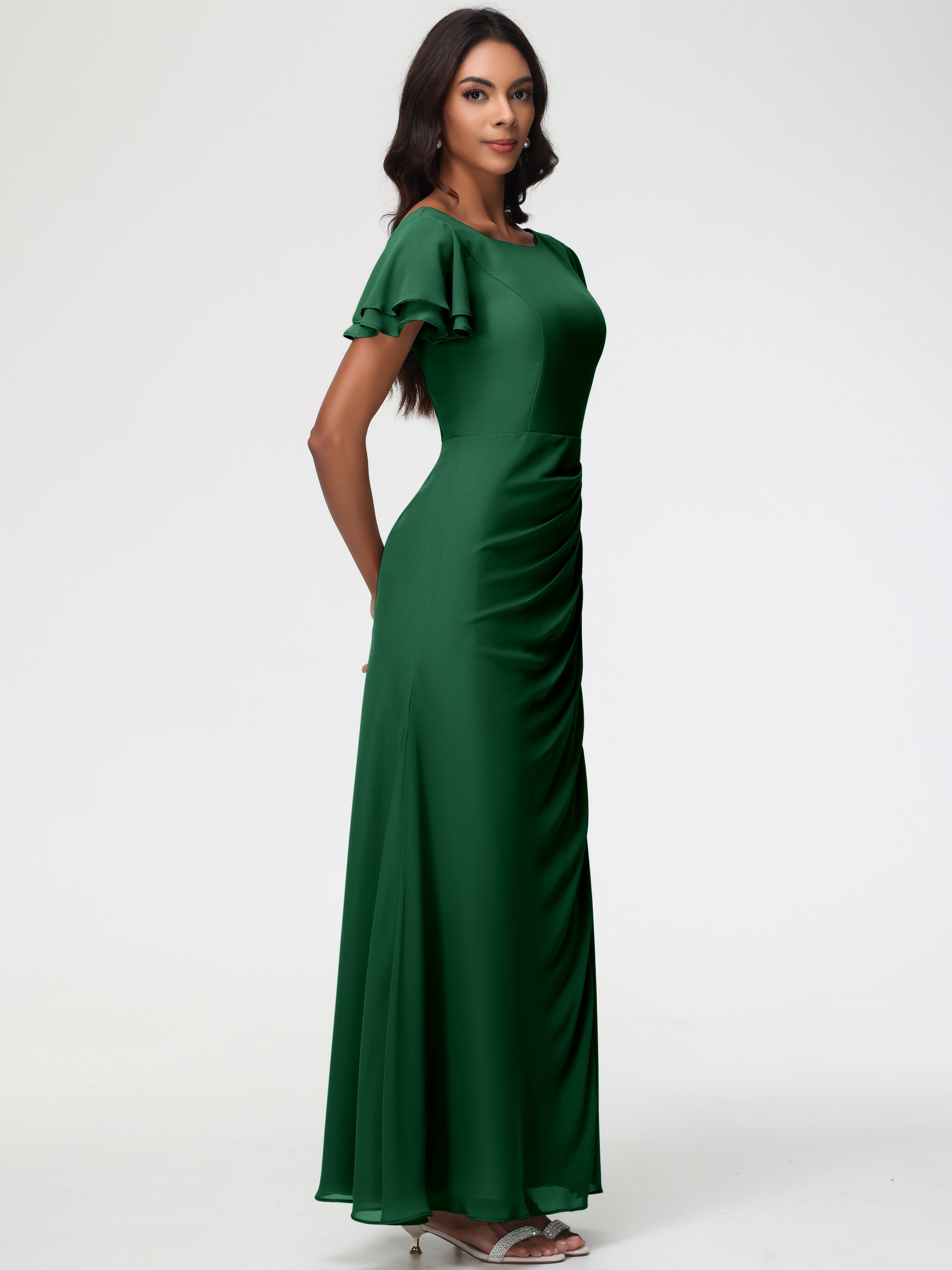 Robe Demoiselle D Honneur Vert Fonce Col Rond Manches à Volants Fourreau/Colonne Mousseline Robe Demoiselle d'Honneur