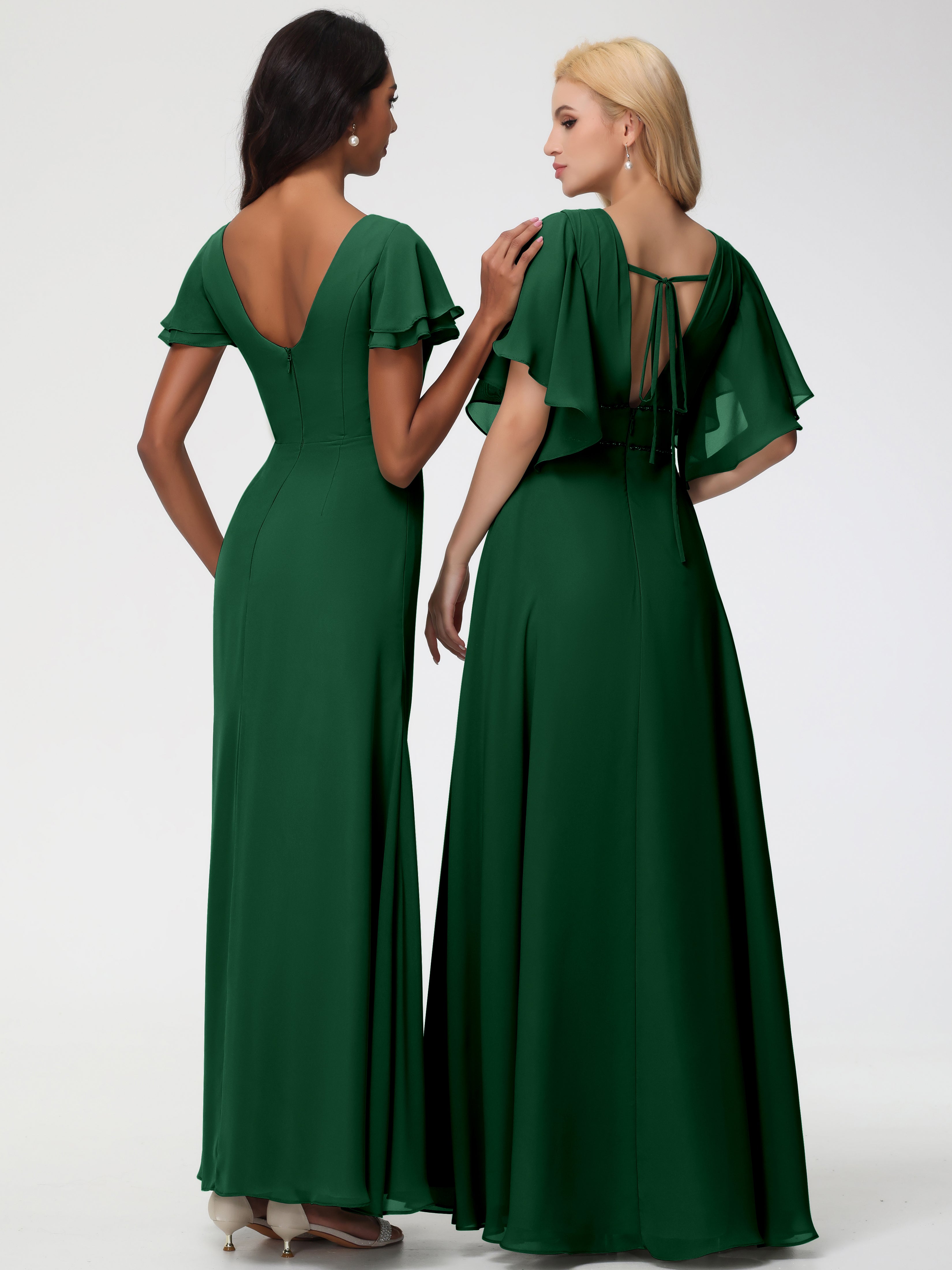 Robe Demoiselle D Honneur Vert Fonce Col Rond Manches à Volants Fourreau/Colonne Mousseline Robe Demoiselle d'Honneur