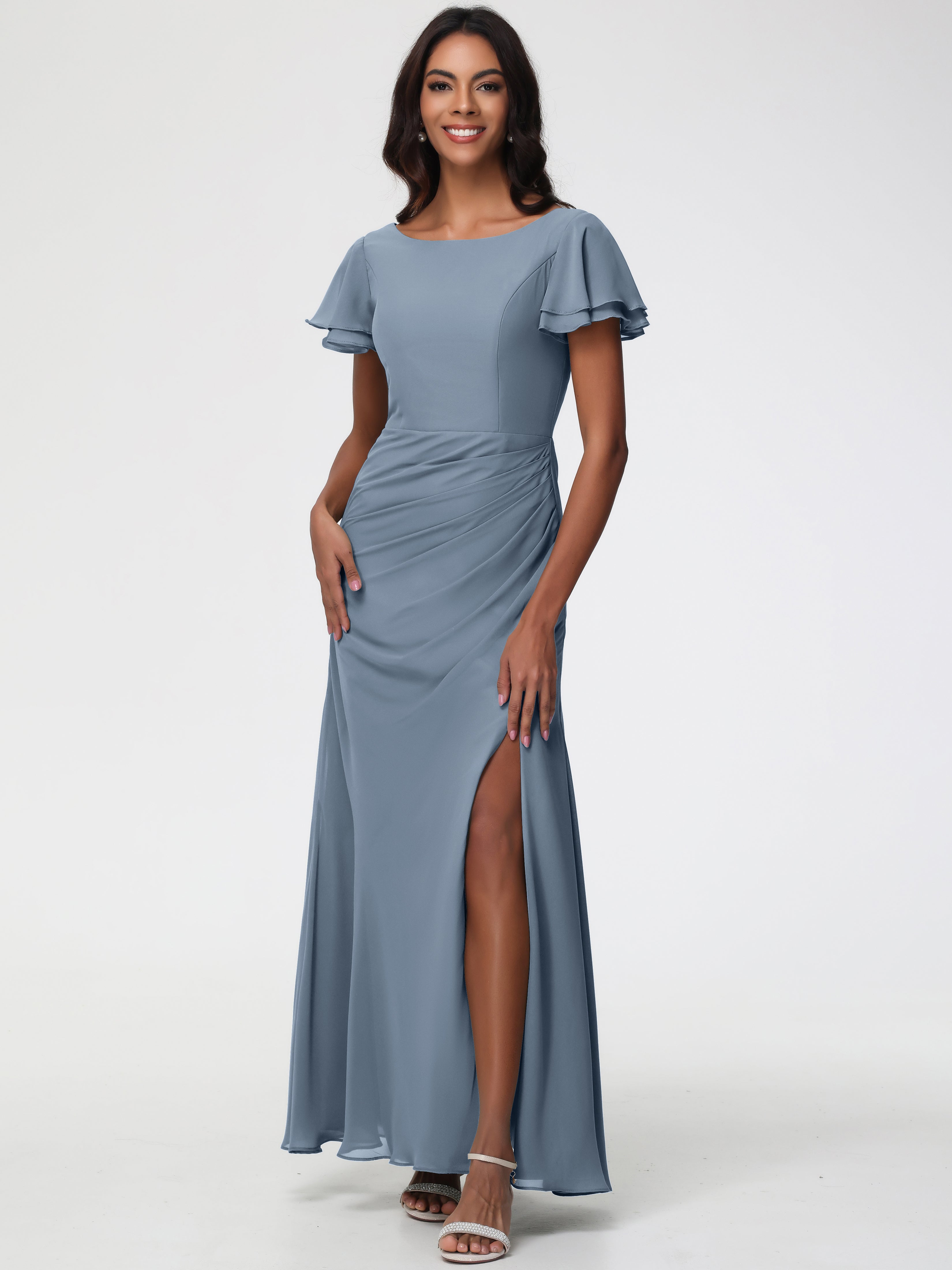 Robes de Demoiselle D'honneur Bleu Poudre Col Rond Manches à Volants Fourreau/Colonne Mousseline Robe Demoiselle d'Honneur