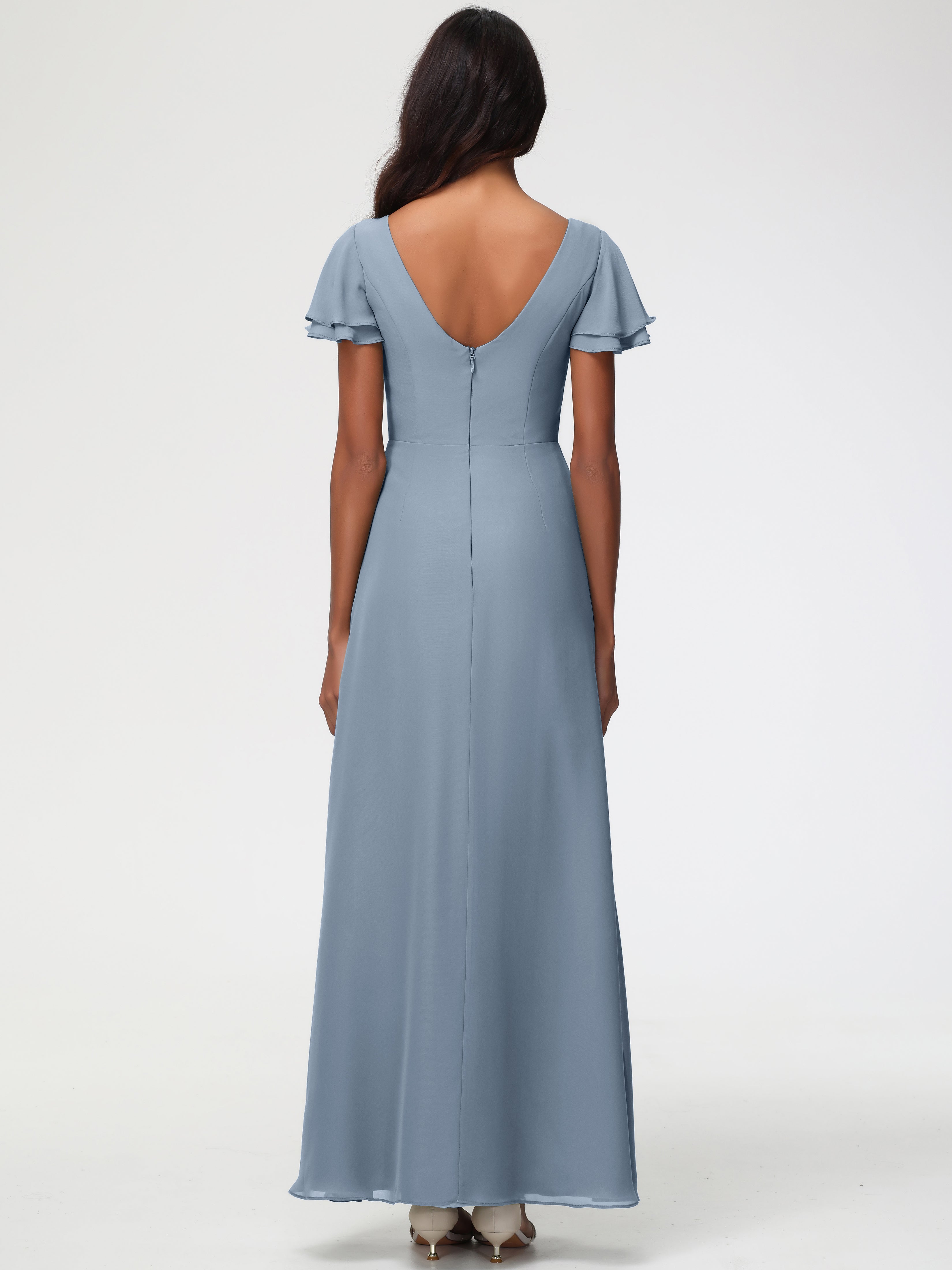 Robes de Demoiselle D'honneur Bleu Poudre Col Rond Manches à Volants Fourreau/Colonne Mousseline Robe Demoiselle d'Honneur