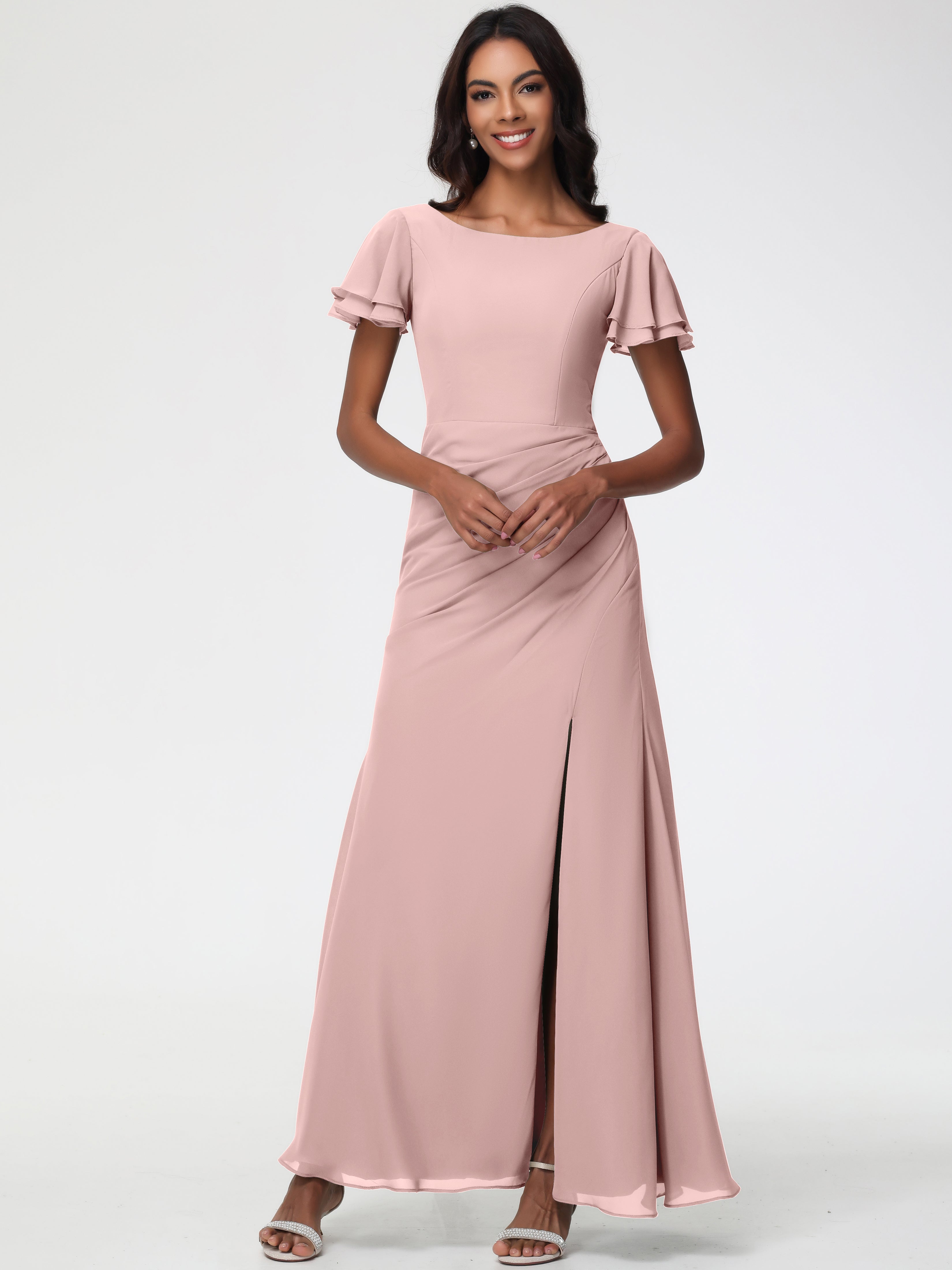 Robe Rose Poudré Demoiselle D Honneur Col Rond Manches à Volants Fourreau/Colonne Mousseline Robe Demoiselle d'Honneur