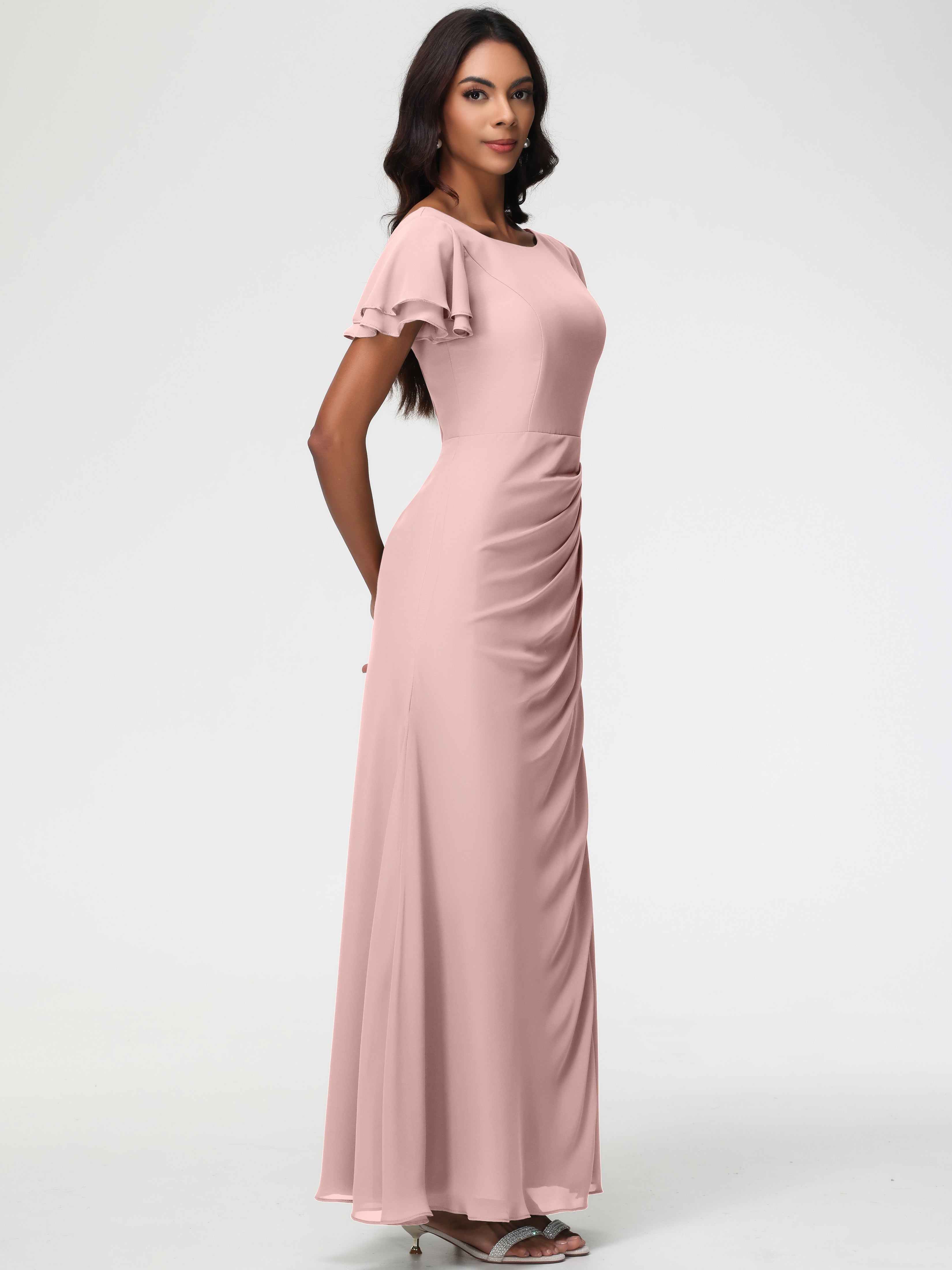 Robe Rose Poudré Demoiselle D Honneur Col Rond Manches à Volants Fourreau/Colonne Mousseline Robe Demoiselle d'Honneur