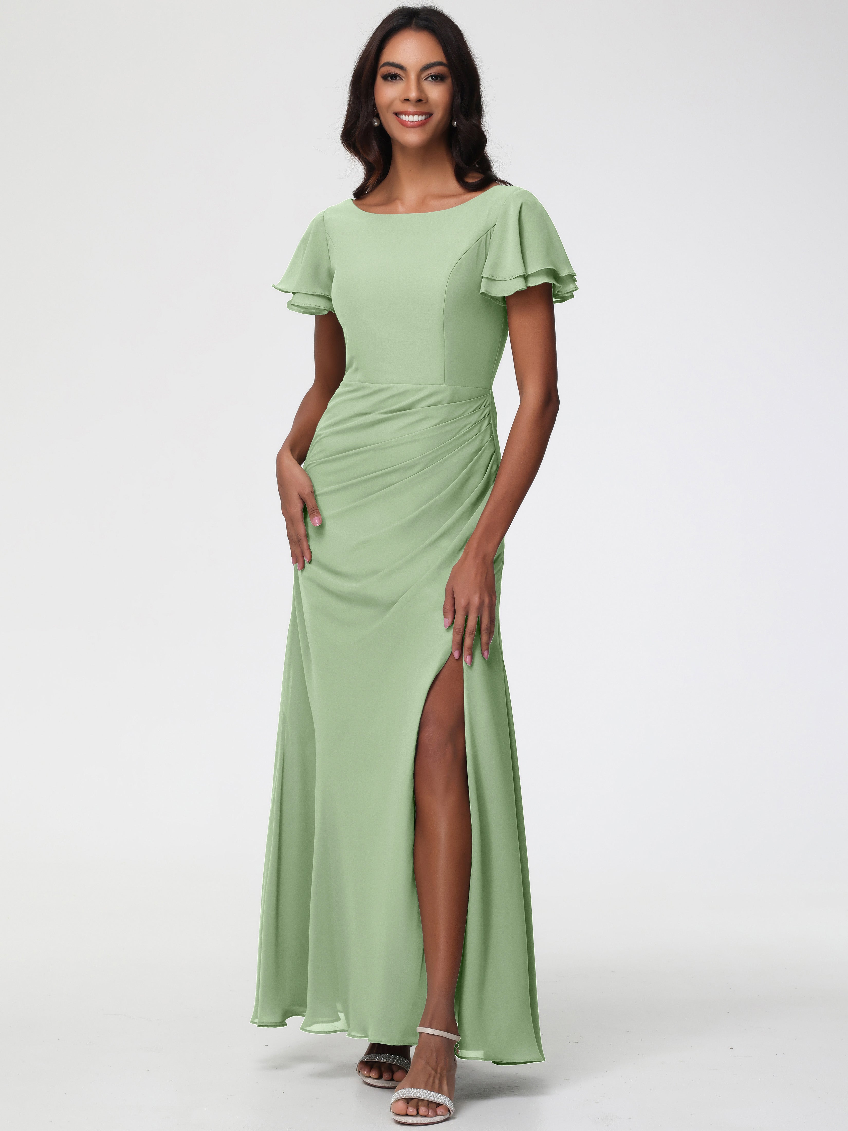 Robe Vert Sauge Demoiselle D Honneur Col Rond Manches à Volants Fourreau/Colonne Mousseline Robe Demoiselle d'Honneur