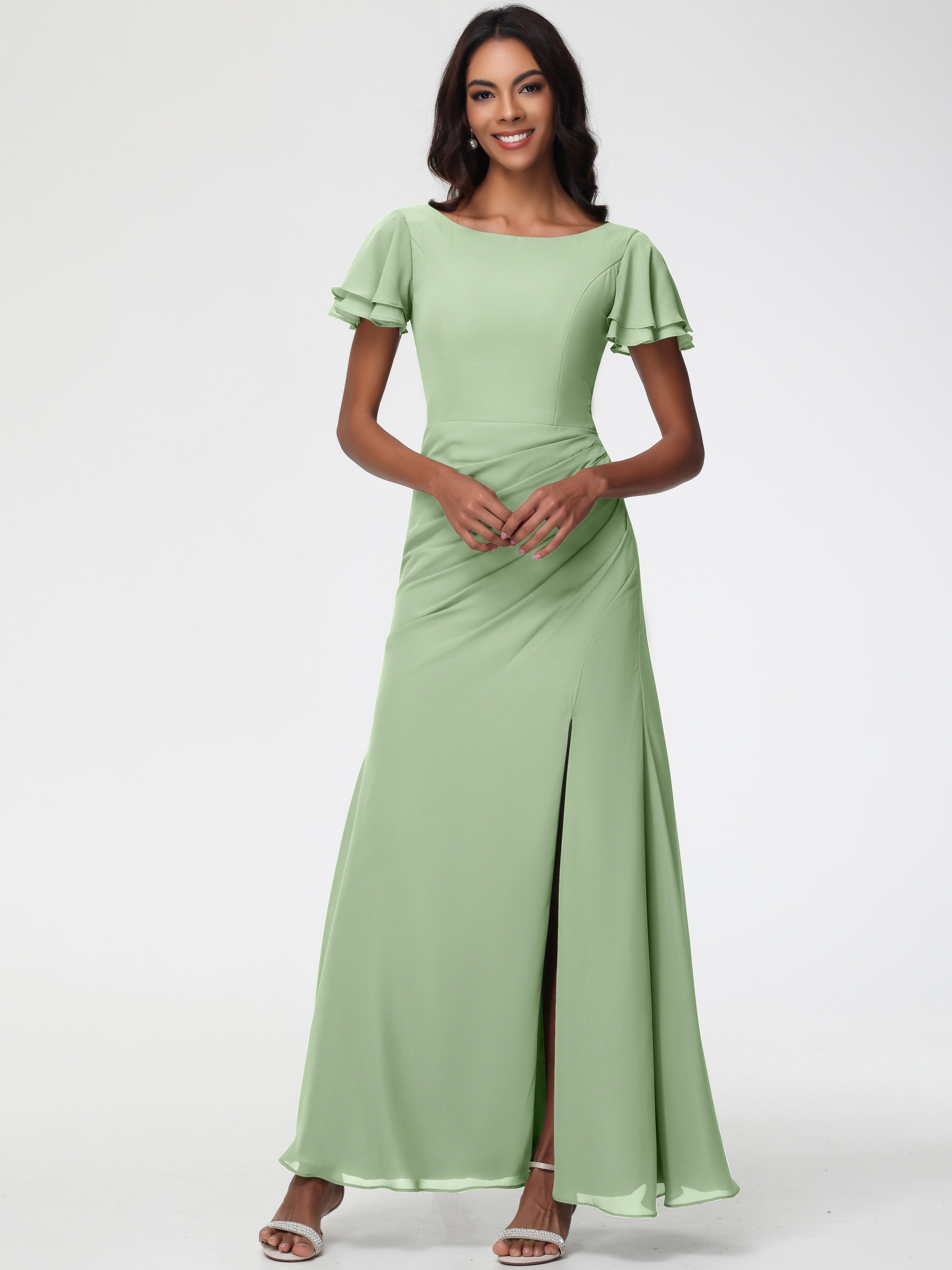 Robe Vert Sauge Demoiselle D Honneur Col Rond Manches à Volants Fourreau/Colonne Mousseline Robe Demoiselle d'Honneur