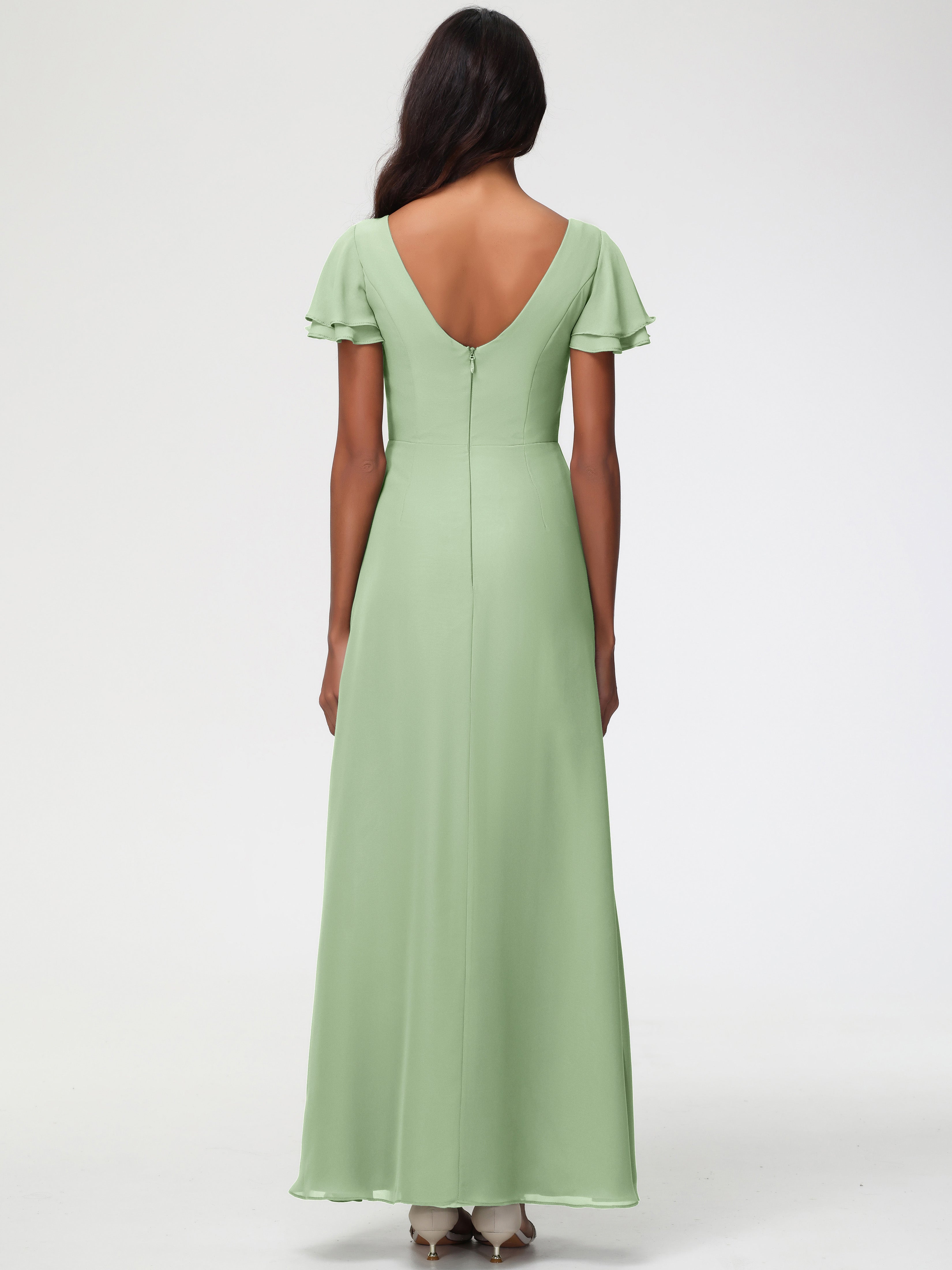 Robe Vert Sauge Demoiselle D Honneur Col Rond Manches à Volants Fourreau/Colonne Mousseline Robe Demoiselle d'Honneur