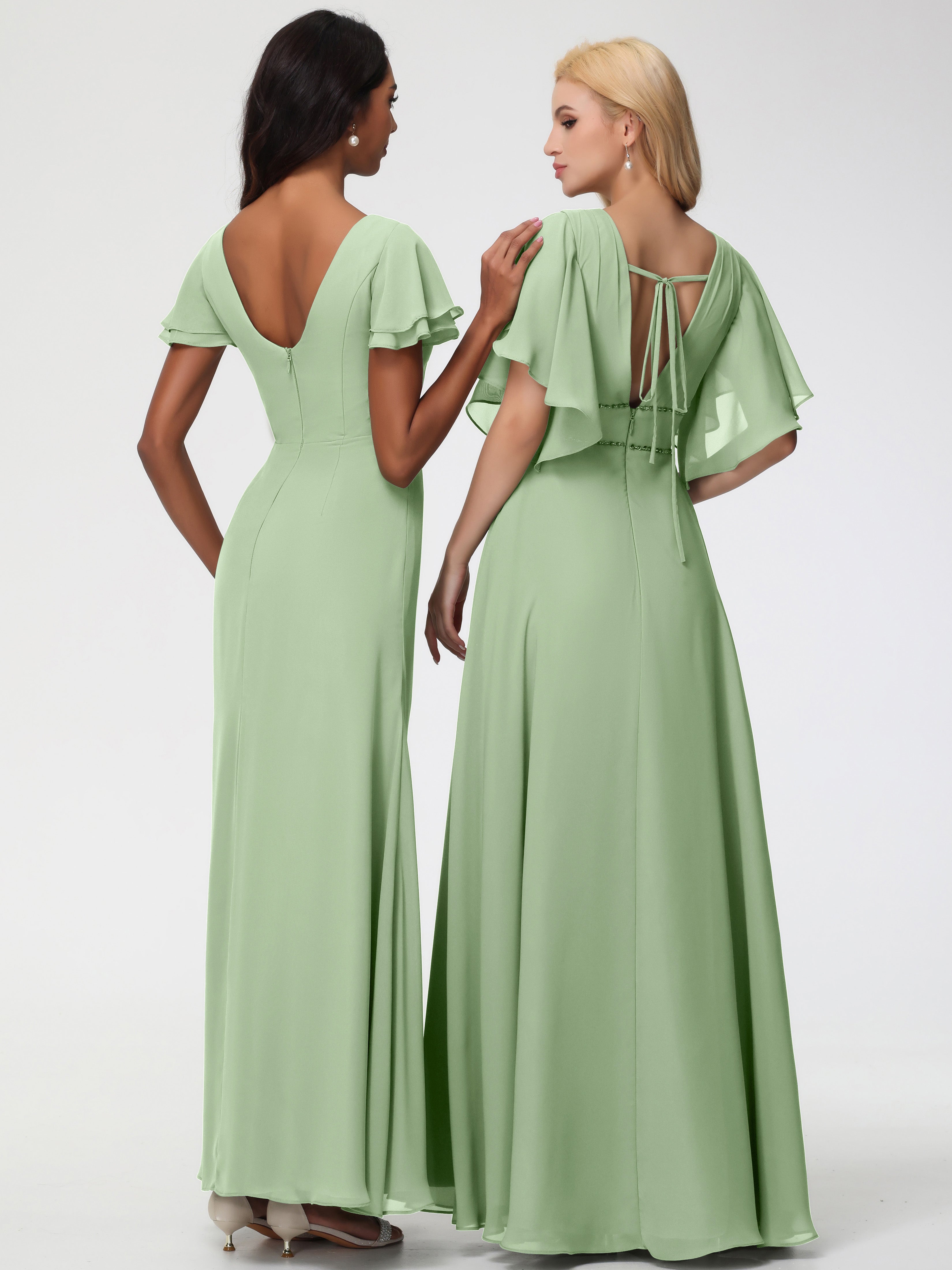 Robe Vert Sauge Demoiselle D Honneur Col Rond Manches à Volants Fourreau/Colonne Mousseline Robe Demoiselle d'Honneur