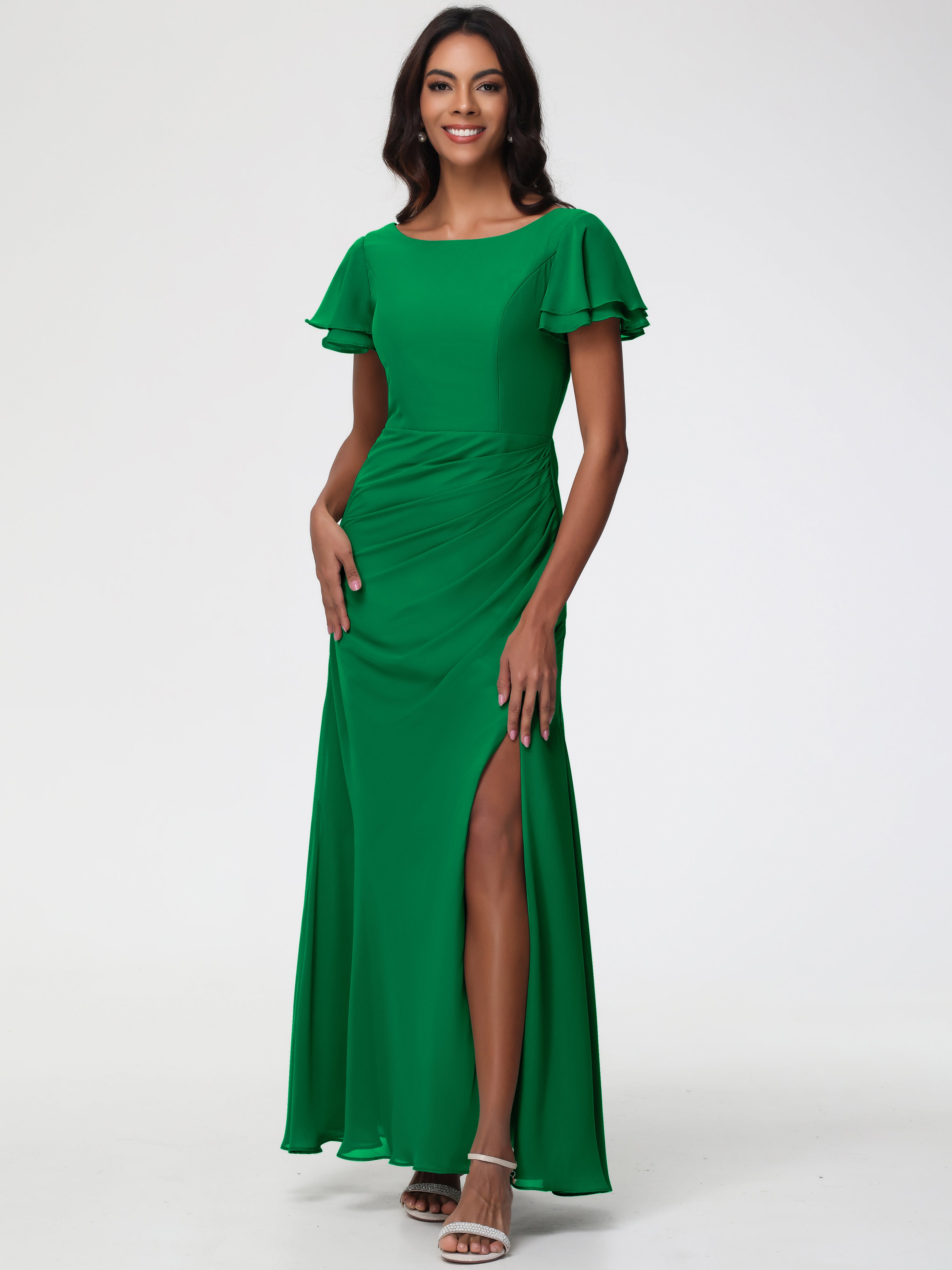 Robe Vert Emeraude Demoiselle D Honneur Col Rond Manches à Volants Fourreau/Colonne Mousseline Robe Demoiselle d'Honneur