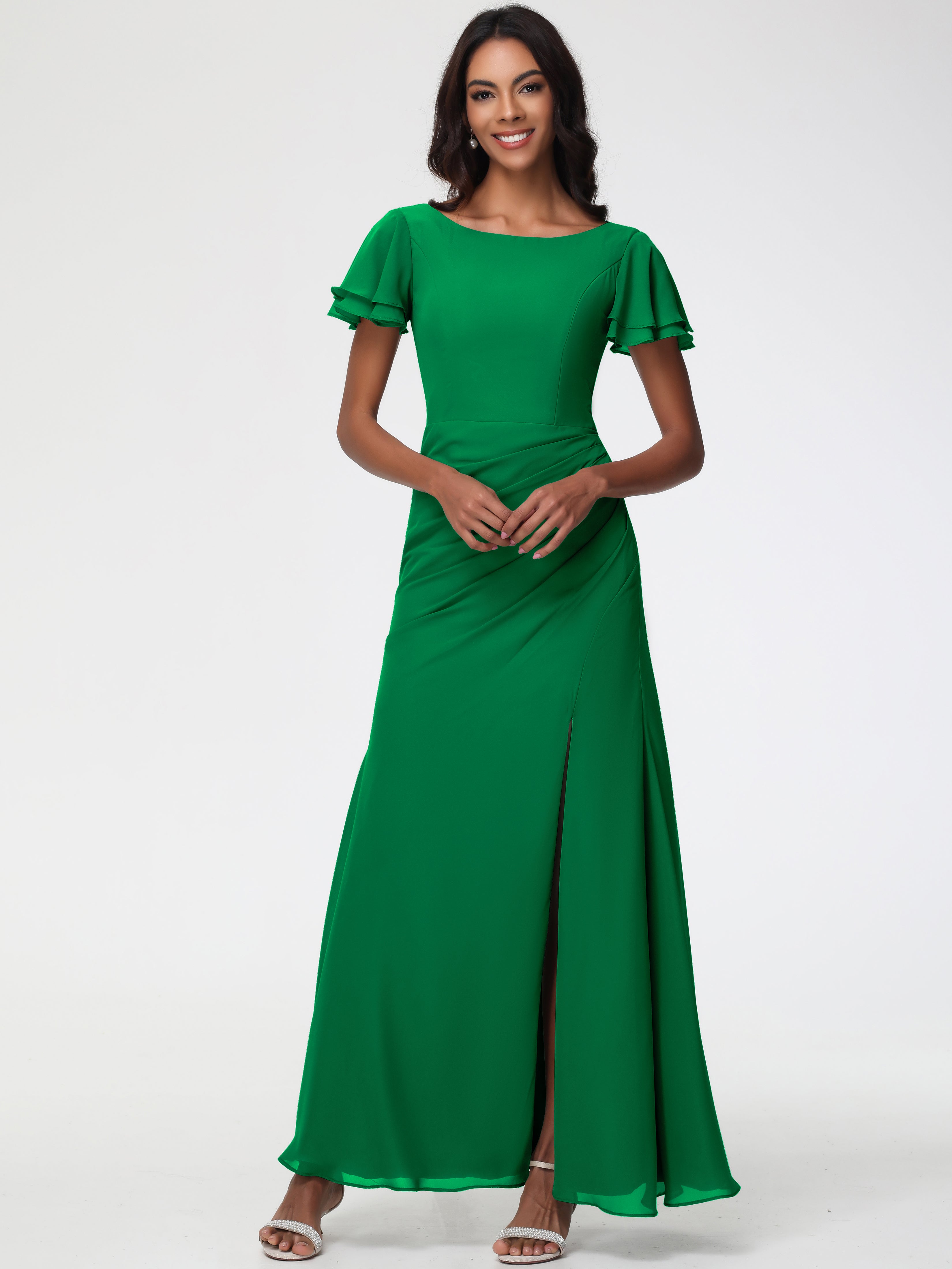 Robe Vert Emeraude Demoiselle D Honneur Col Rond Manches à Volants Fourreau/Colonne Mousseline Robe Demoiselle d'Honneur