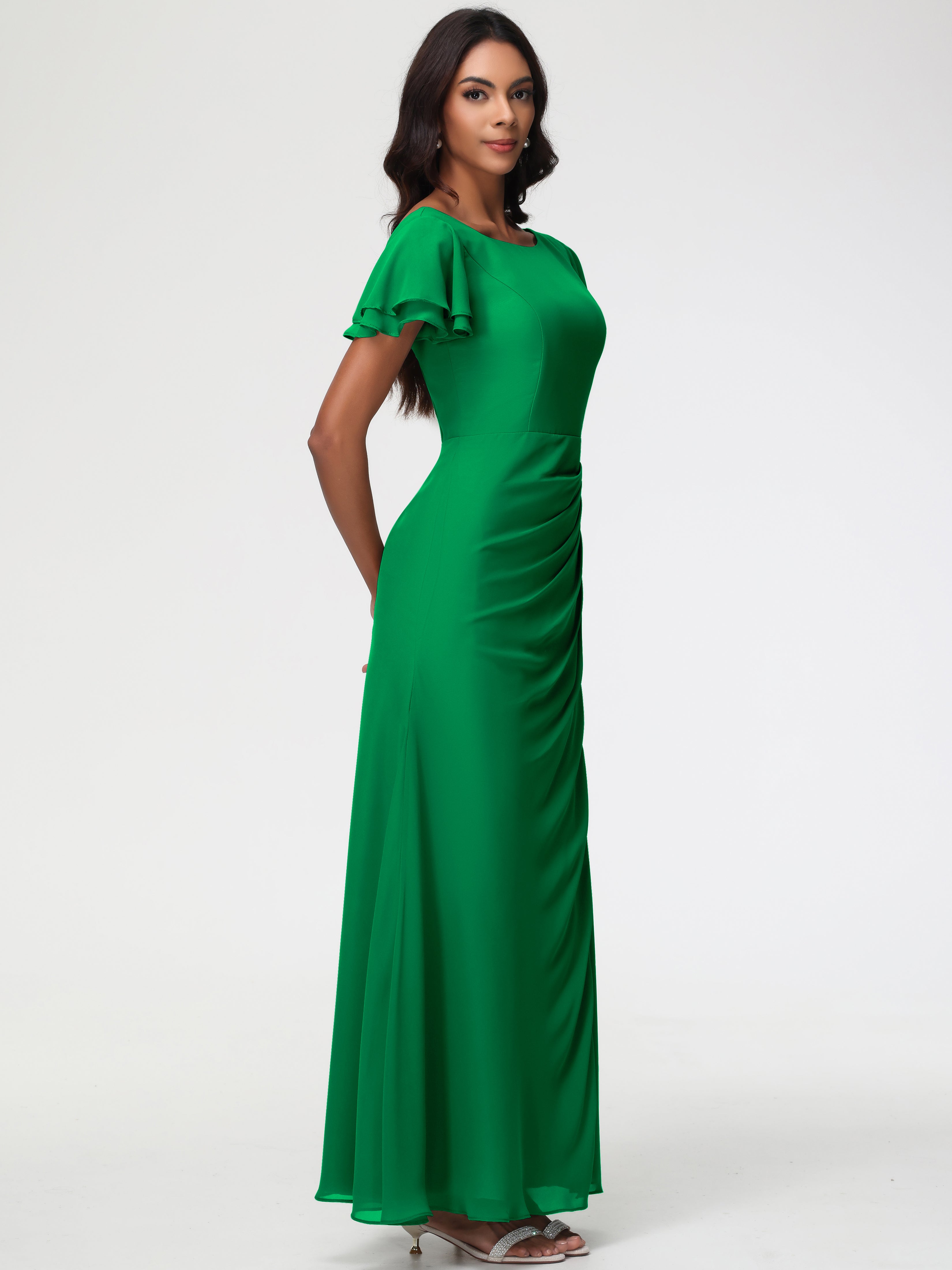 Robe Vert Emeraude Demoiselle D Honneur Col Rond Manches à Volants Fourreau/Colonne Mousseline Robe Demoiselle d'Honneur