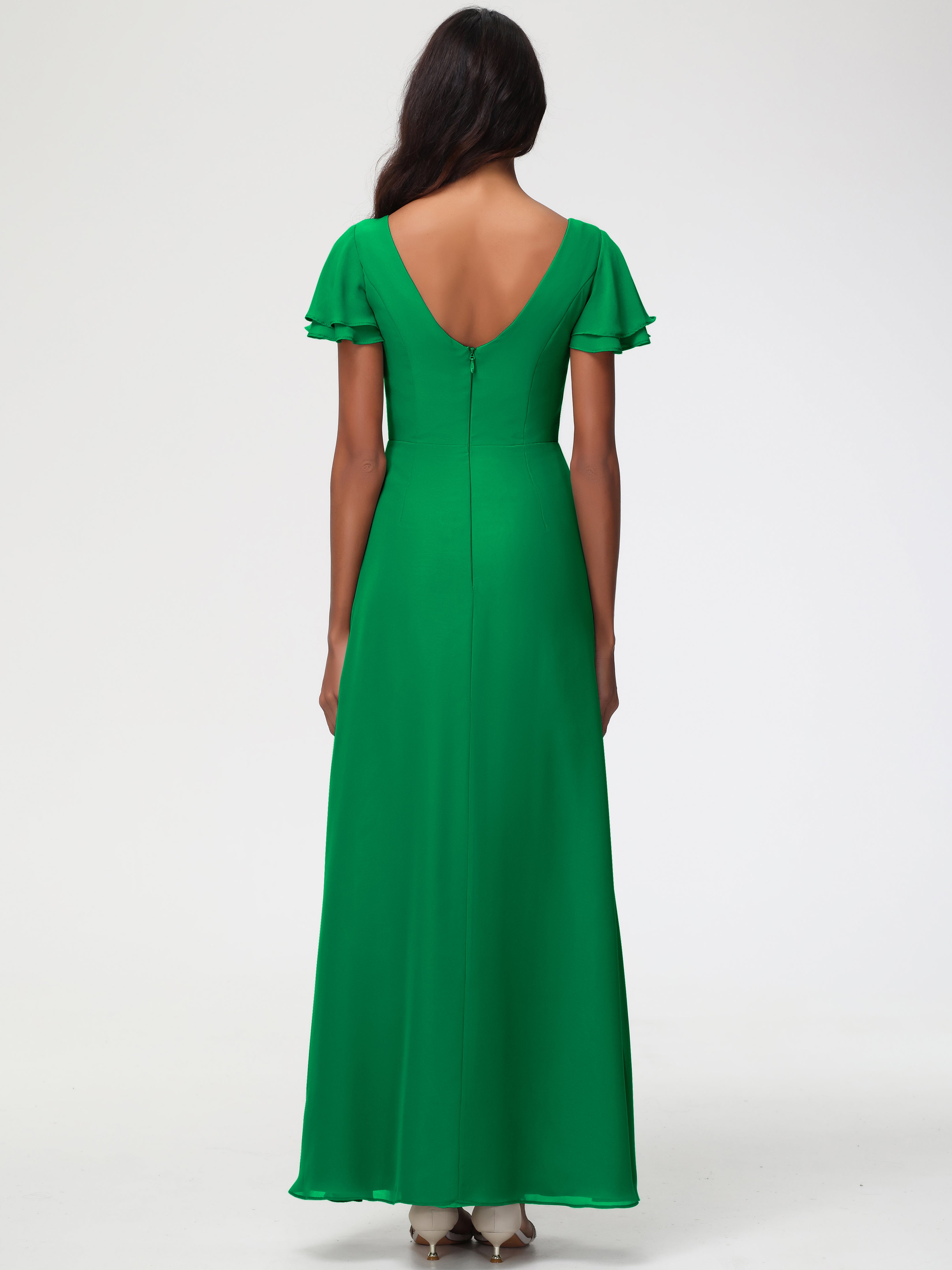 Robe Vert Emeraude Demoiselle D Honneur Col Rond Manches à Volants Fourreau/Colonne Mousseline Robe Demoiselle d'Honneur