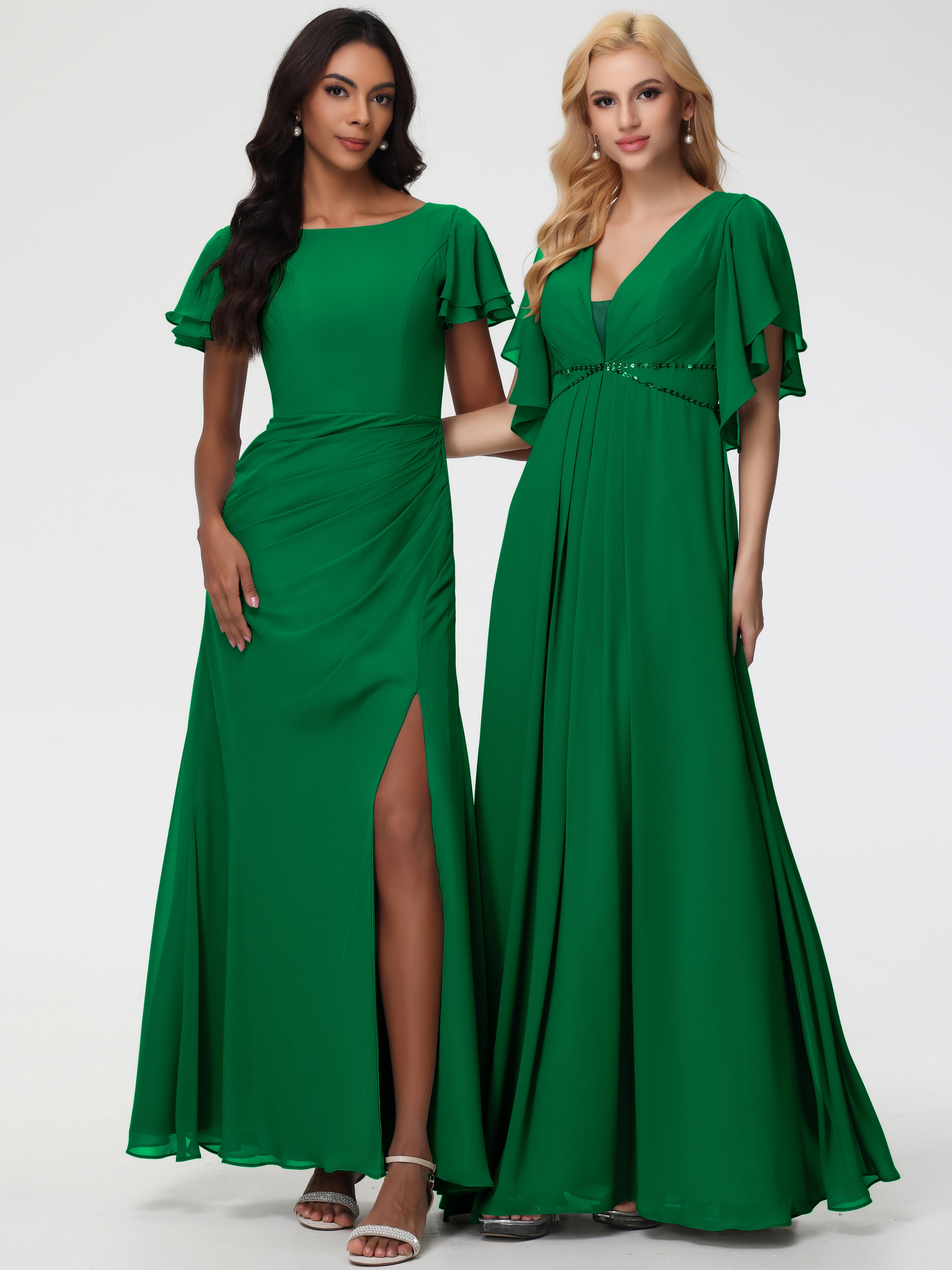 Robe Vert Emeraude Demoiselle D Honneur Col Rond Manches à Volants Fourreau/Colonne Mousseline Robe Demoiselle d'Honneur