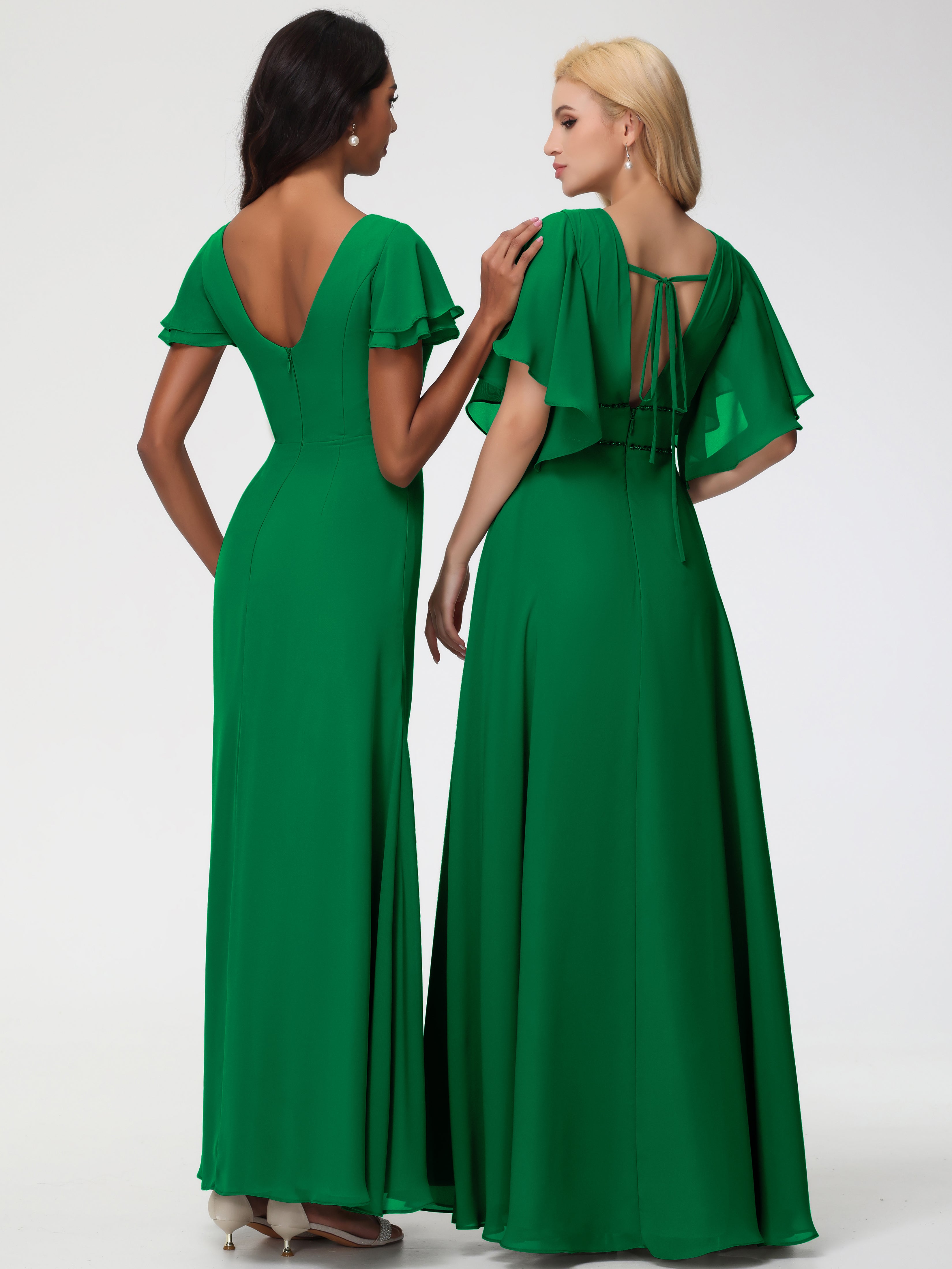 Robe Vert Emeraude Demoiselle D Honneur Col Rond Manches à Volants Fourreau/Colonne Mousseline Robe Demoiselle d'Honneur