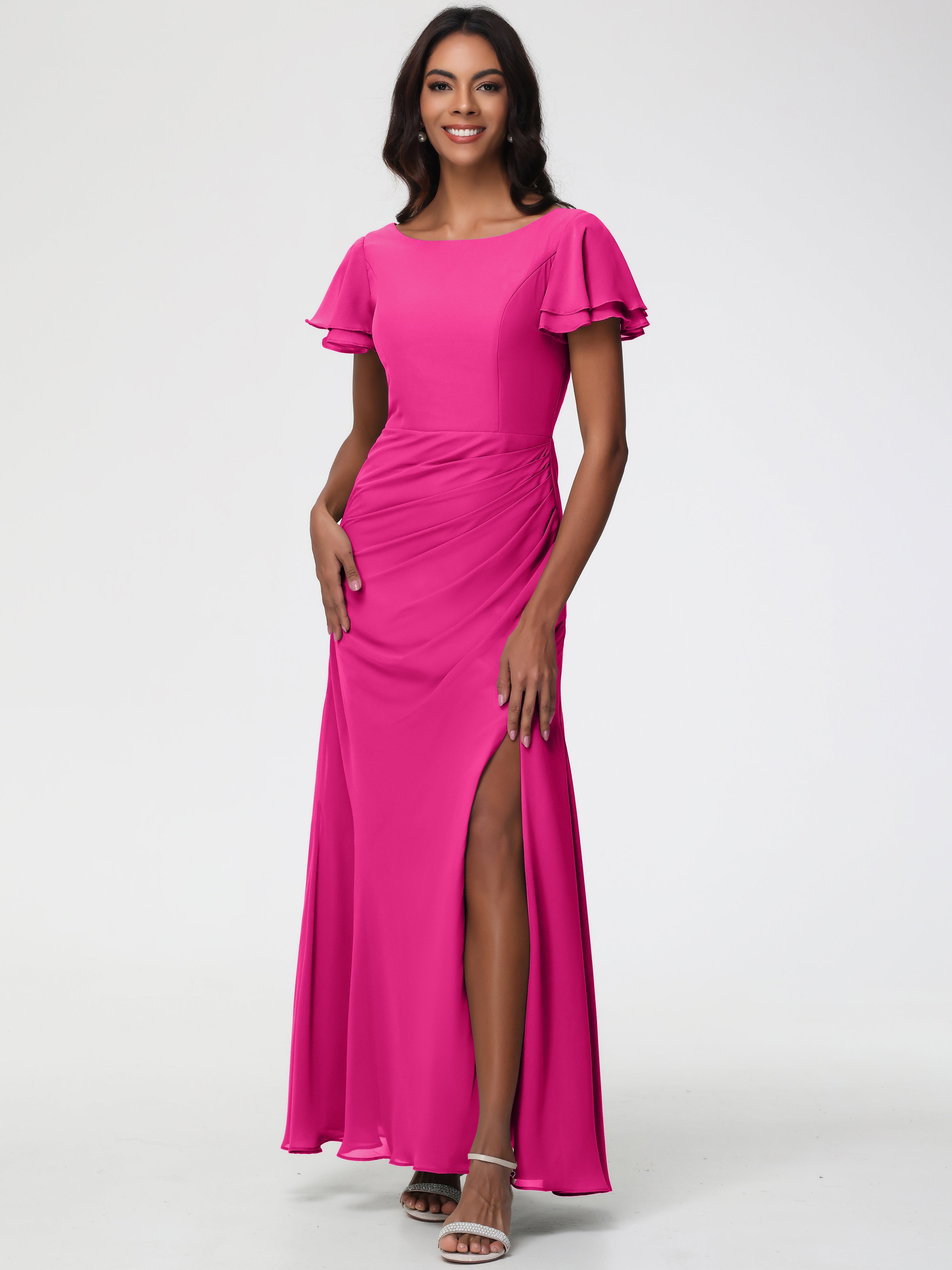 Robe Fuchsia Demoiselle D Honneur Col Rond Manches à Volants Fourreau/Colonne Mousseline Robe Demoiselle d'Honneur