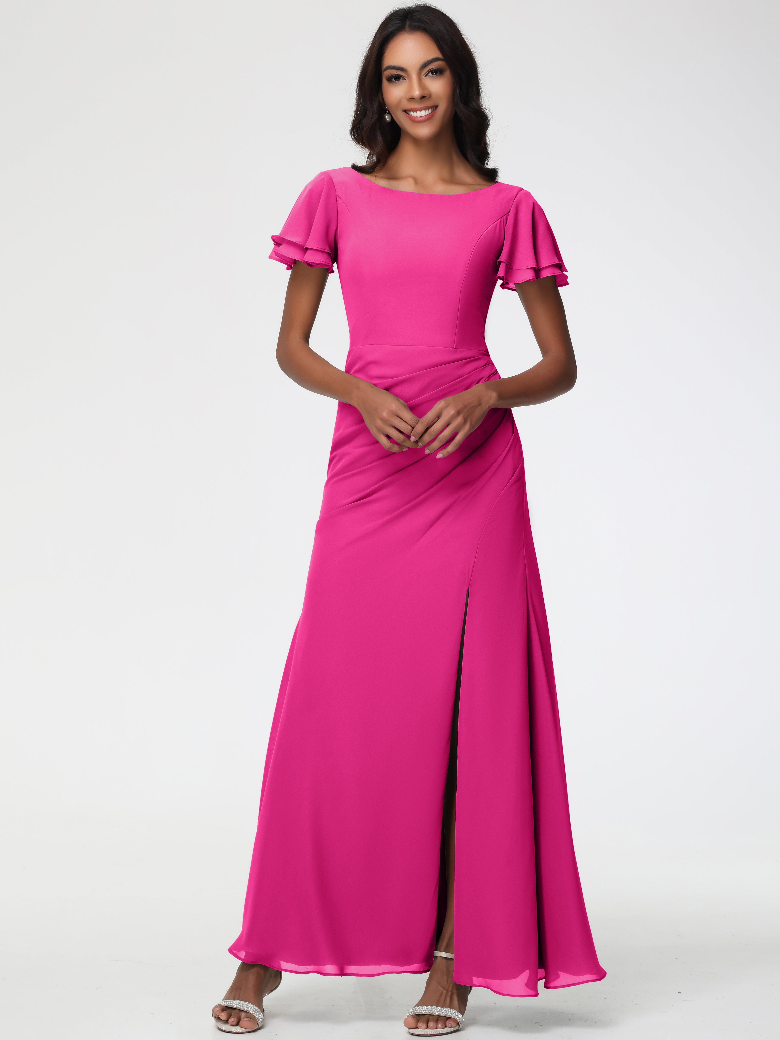 Robe Fuchsia Demoiselle D Honneur Col Rond Manches à Volants Fourreau/Colonne Mousseline Robe Demoiselle d'Honneur