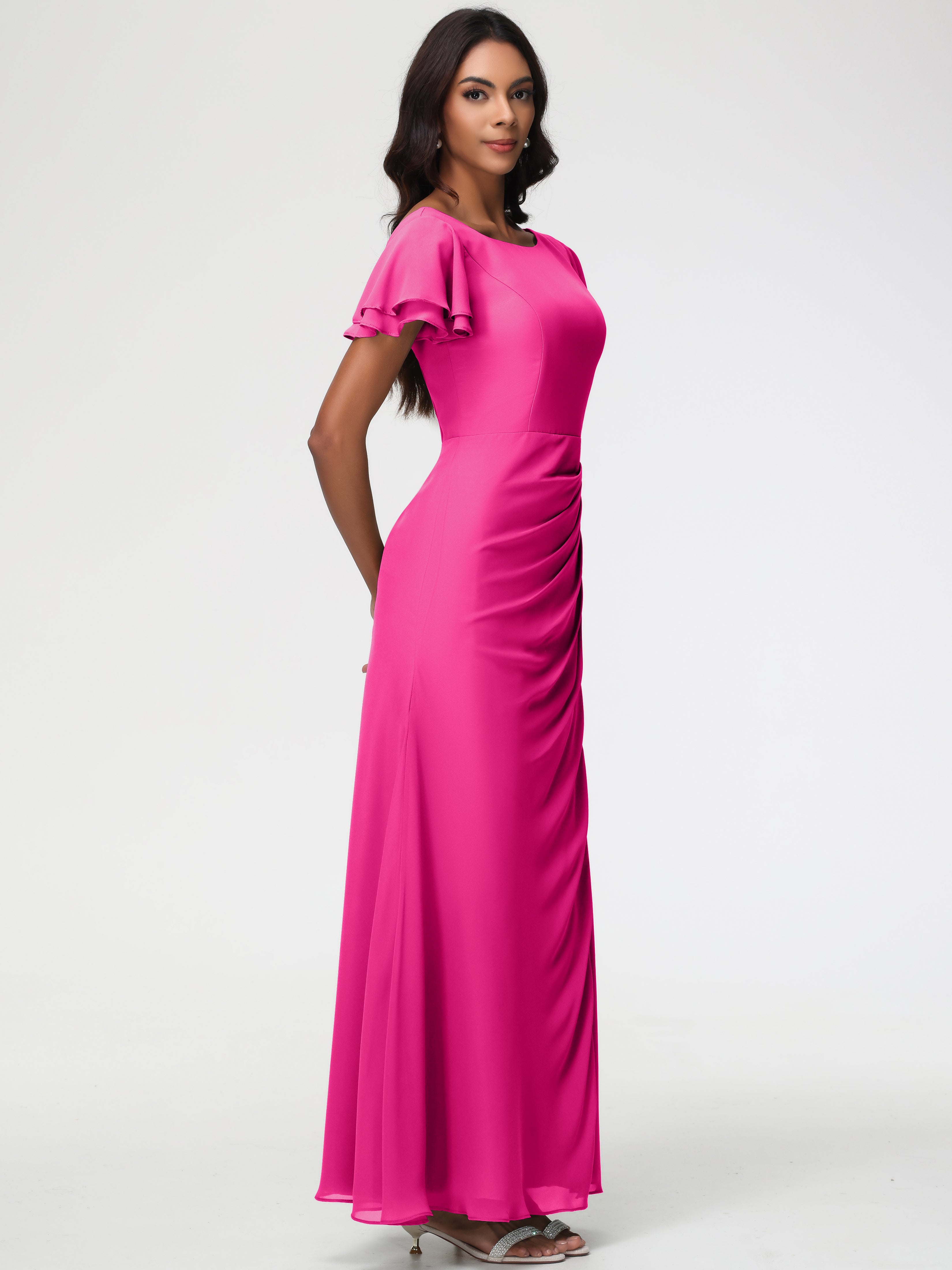 Robe Fuchsia Demoiselle D Honneur Col Rond Manches à Volants Fourreau/Colonne Mousseline Robe Demoiselle d'Honneur