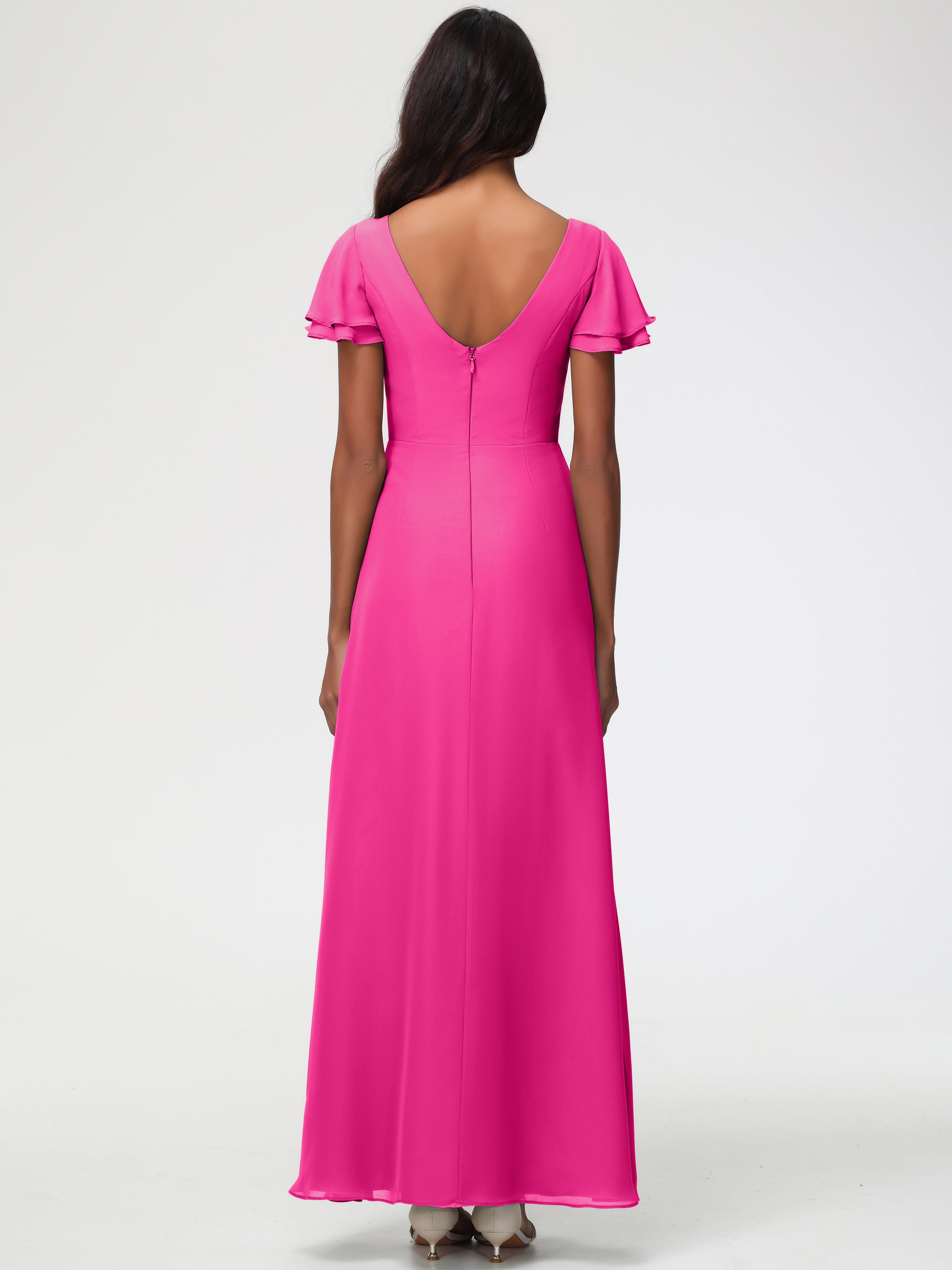 Robe Fuchsia Demoiselle D Honneur Col Rond Manches à Volants Fourreau/Colonne Mousseline Robe Demoiselle d'Honneur