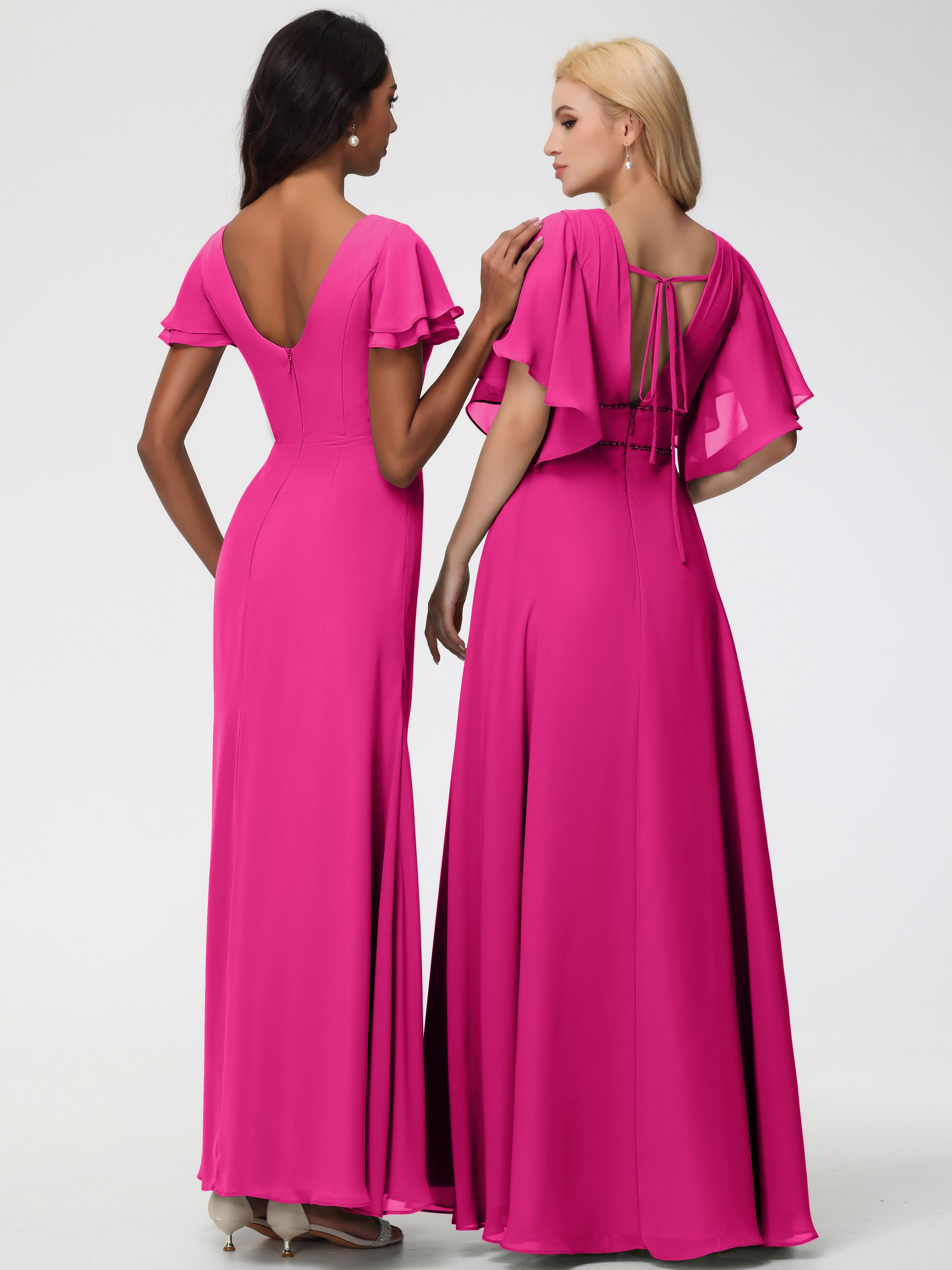 Robe Fuchsia Demoiselle D Honneur Col Rond Manches à Volants Fourreau/Colonne Mousseline Robe Demoiselle d'Honneur