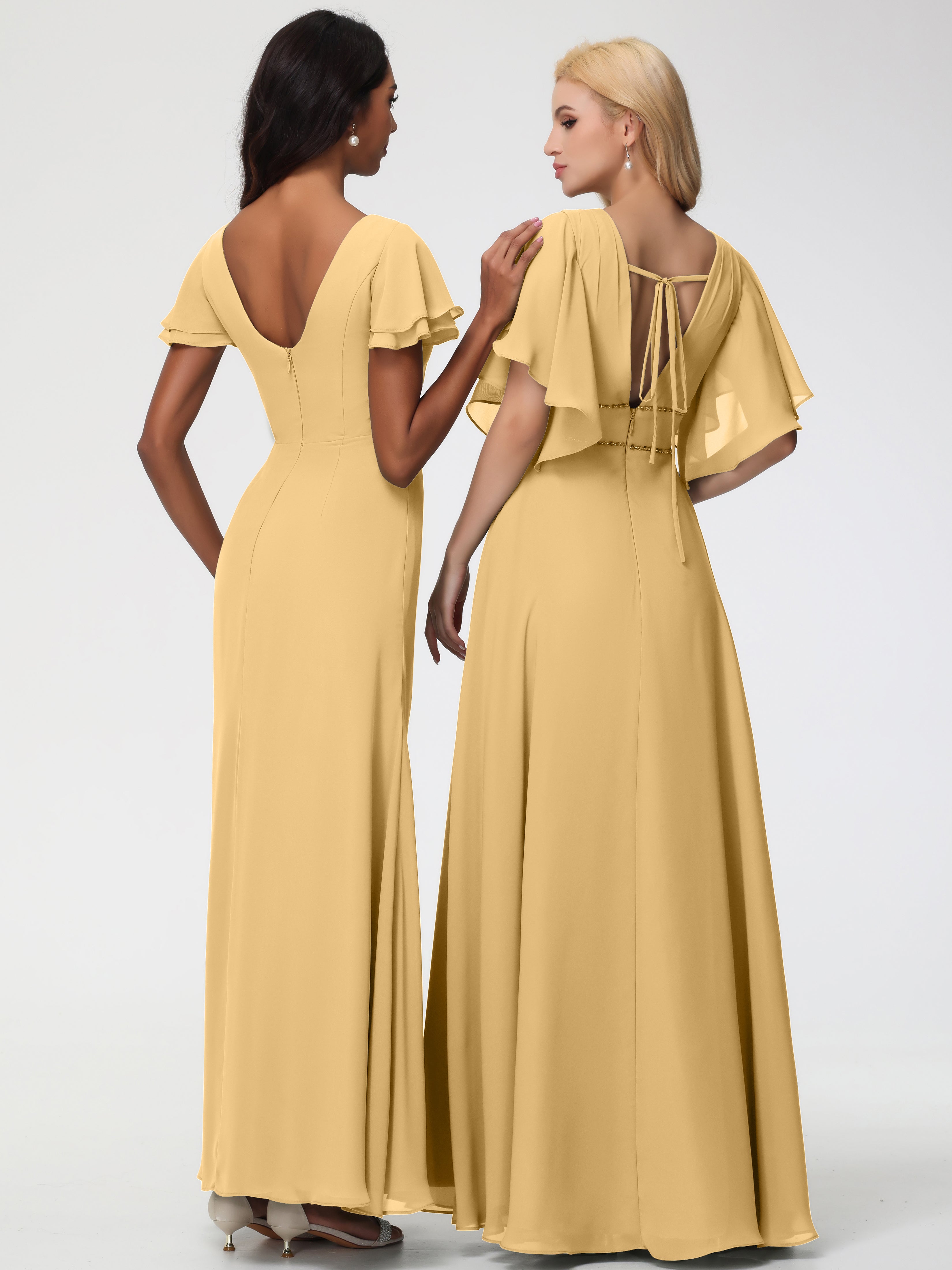 Robe Demoiselle D Honneur Doré Col Rond Manches à Volants Fourreau/Colonne Mousseline Robe Demoiselle d'Honneur