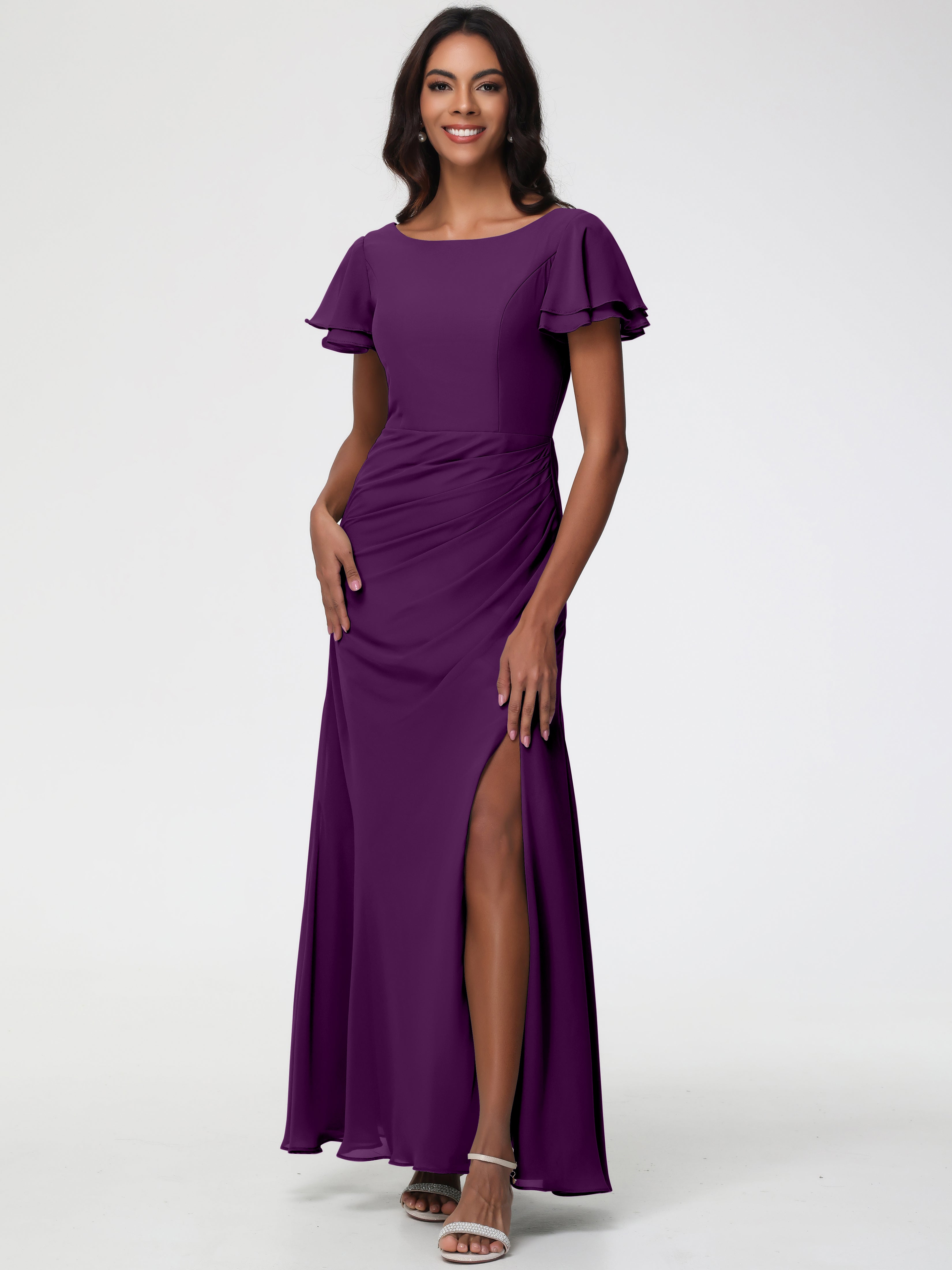 Robes de Demoiselle D'honneur en Raisin Col Rond Manches à Volants Fourreau/Colonne Mousseline Robe Demoiselle d'Honneur