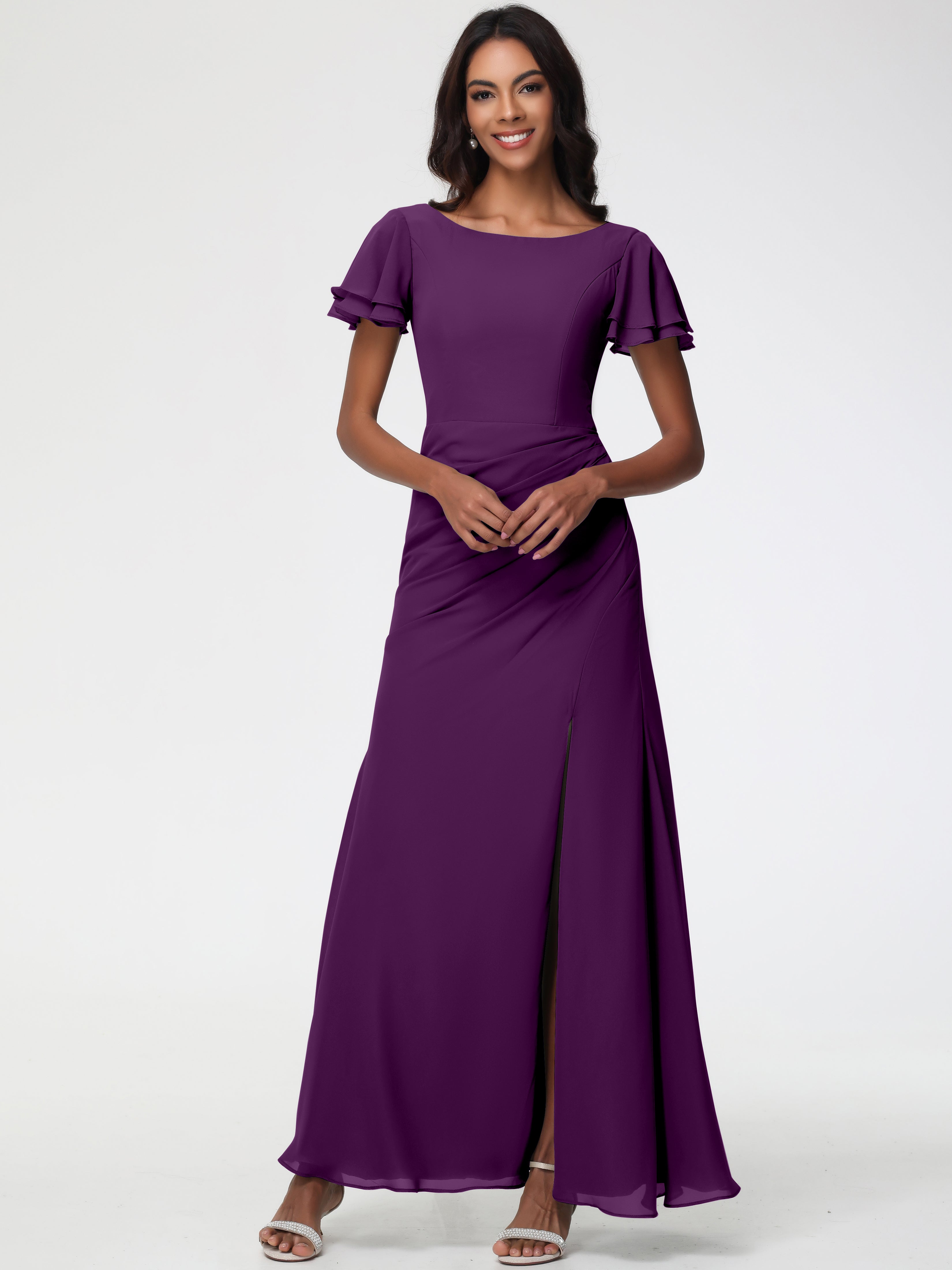 Robes de Demoiselle D'honneur en Raisin Col Rond Manches à Volants Fourreau/Colonne Mousseline Robe Demoiselle d'Honneur