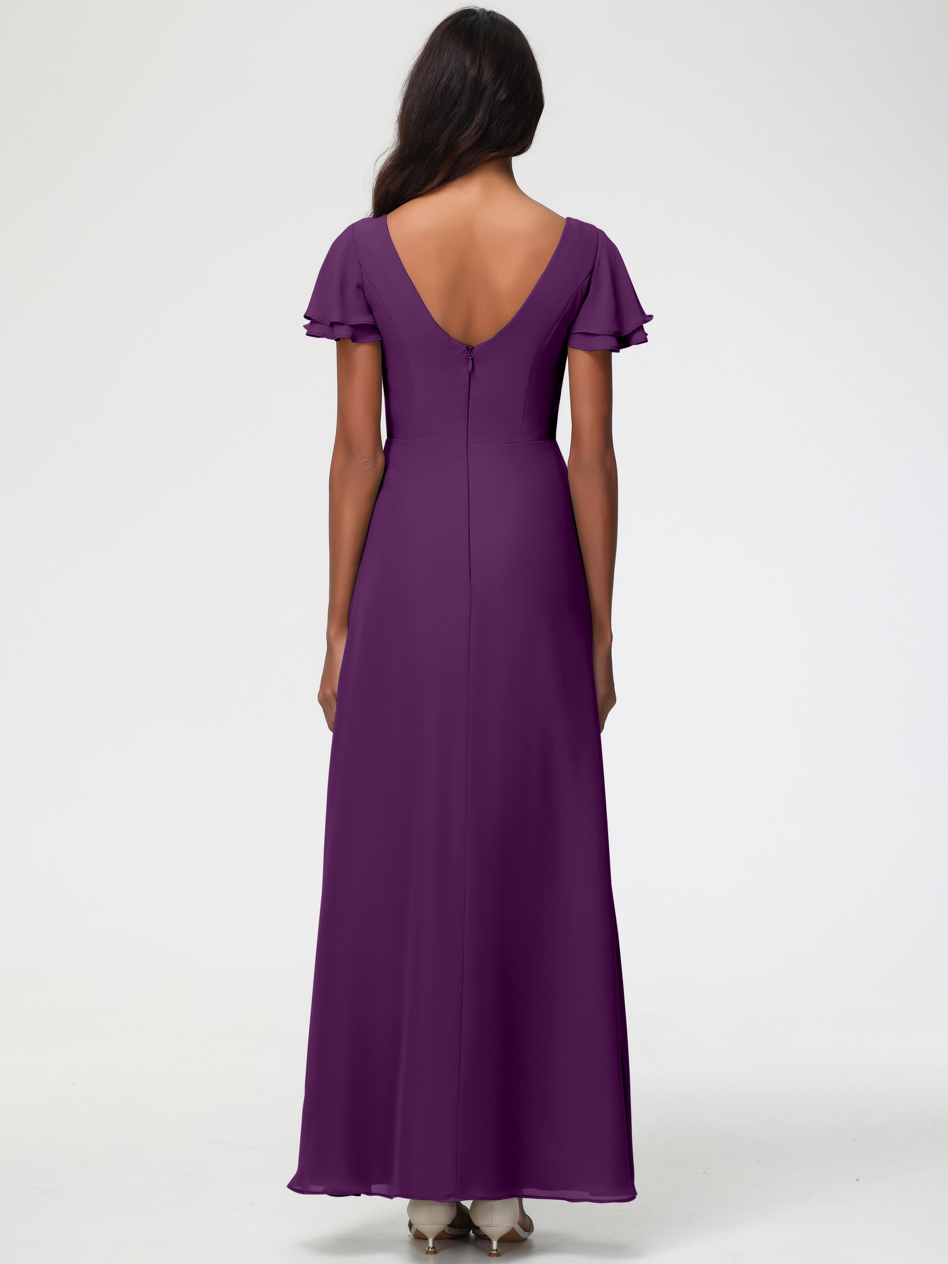 Robes de Demoiselle D'honneur en Raisin Col Rond Manches à Volants Fourreau/Colonne Mousseline Robe Demoiselle d'Honneur