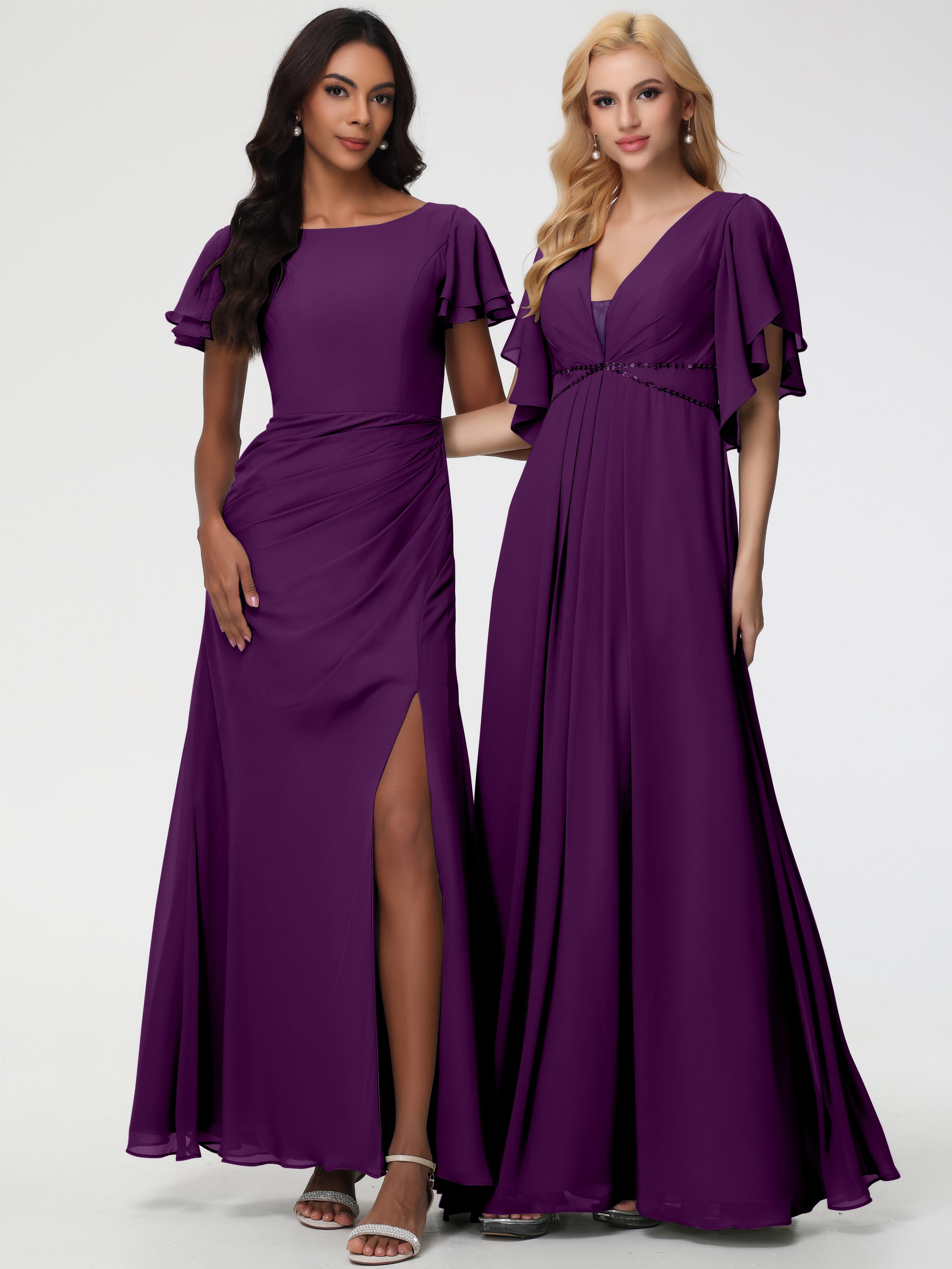 Robes de Demoiselle D'honneur en Raisin Col Rond Manches à Volants Fourreau/Colonne Mousseline Robe Demoiselle d'Honneur